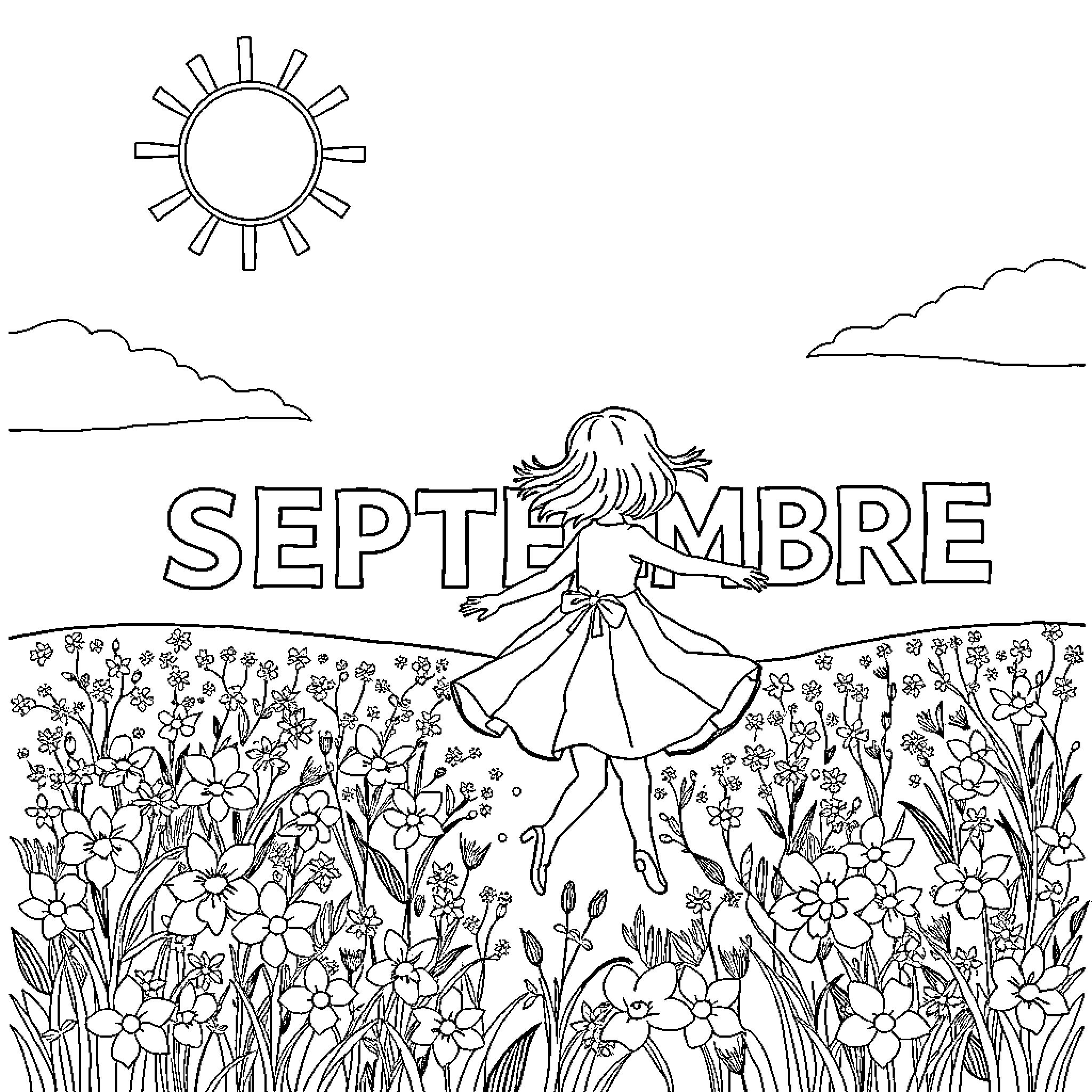 Fille dancing gracefully through a floral field Coloring Page (free black-and-white line drawing printable PDF for all, from beginners to advanced learners, including children, teens, adults, and seniors)