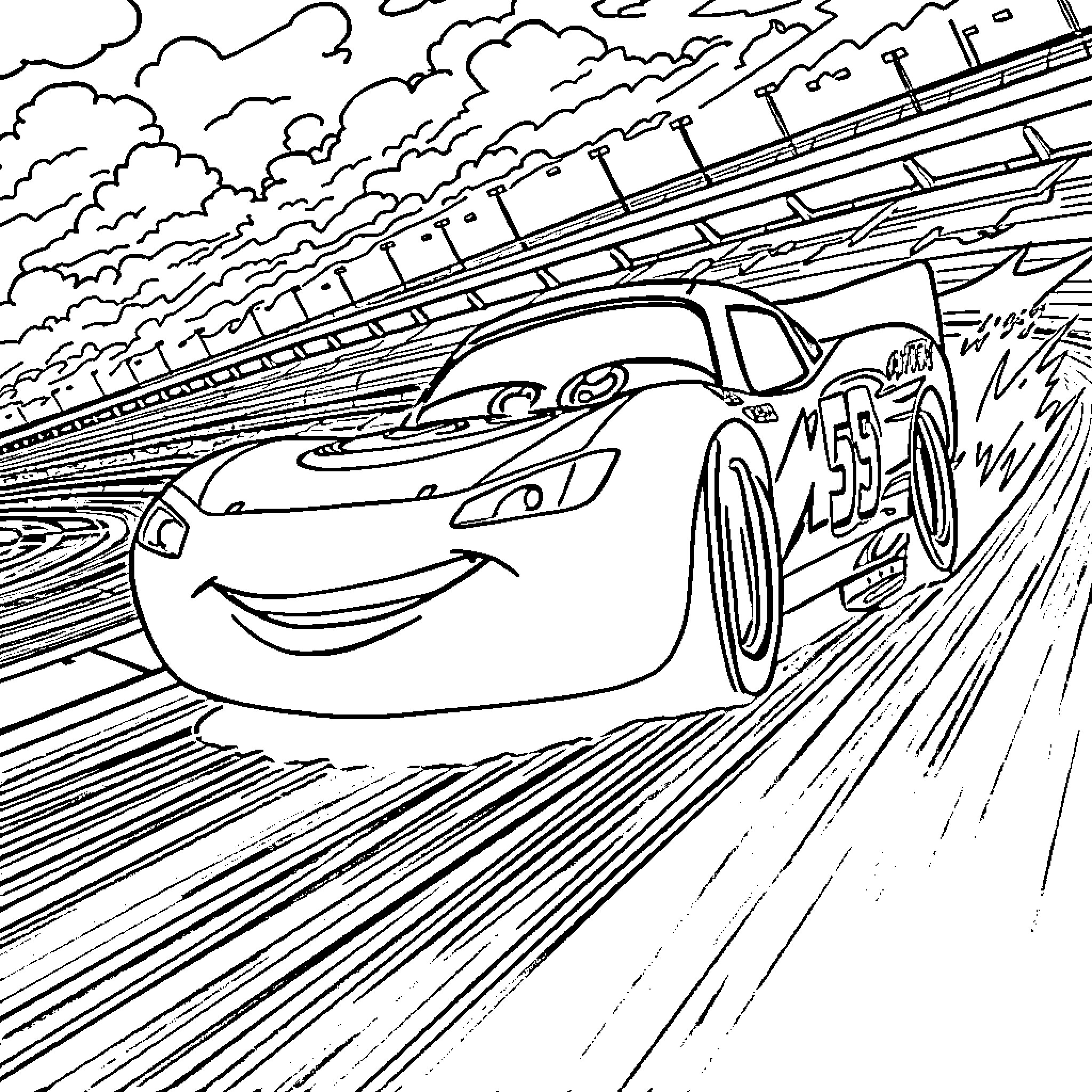 Lightning McQueen racing through the track Coloring Page (free black-and-white line drawing printable PDF for all, from beginners to advanced learners, including children, teens, adults, and seniors)