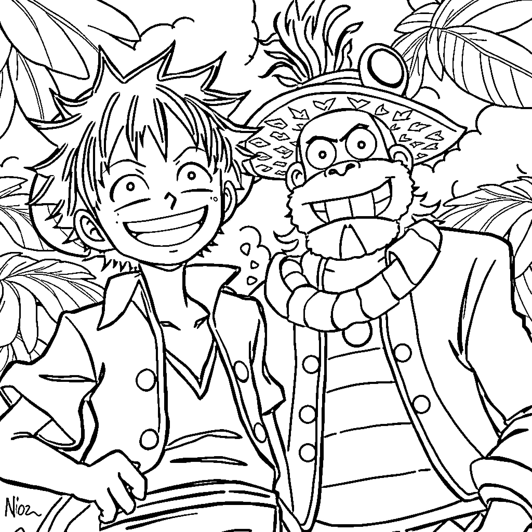 Monkey D Luffy and Usopp Explore the Tropical Adventure Coloring Page (free black-and-white line drawing printable PDF for all, from beginners to advanced learners, including children, teens, adults, and seniors)