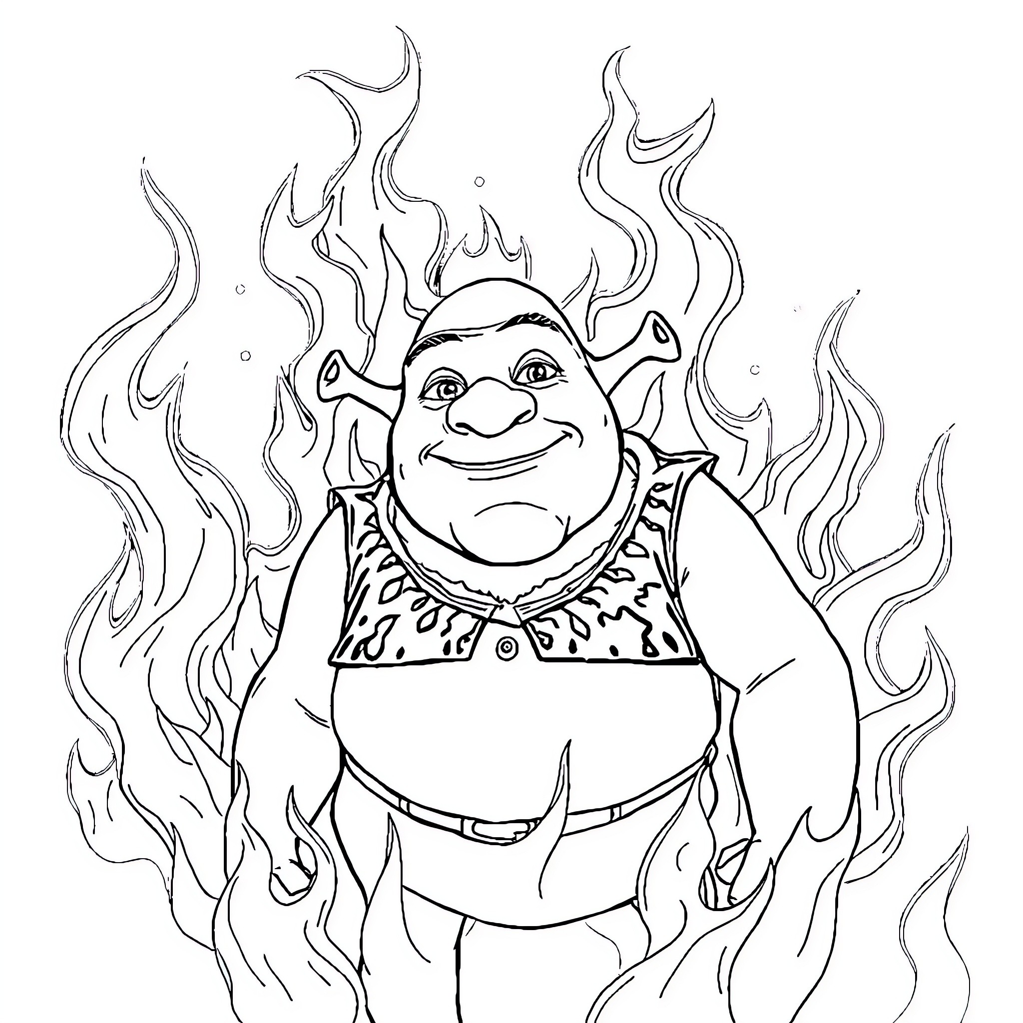 Shrek in a fiery, animated scene Coloring Page (free black-and-white line drawing printable PDF for all, from beginners to advanced learners, including children, teens, adults, and seniors)
