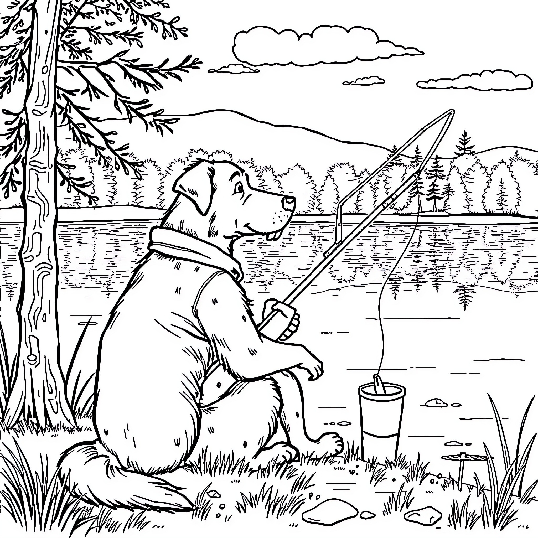 Dog Man Fishing By The Lake Coloring Page (free black-and-white line drawing printable PDF for all, from beginners to advanced learners, including children, teens, adults, and seniors)
