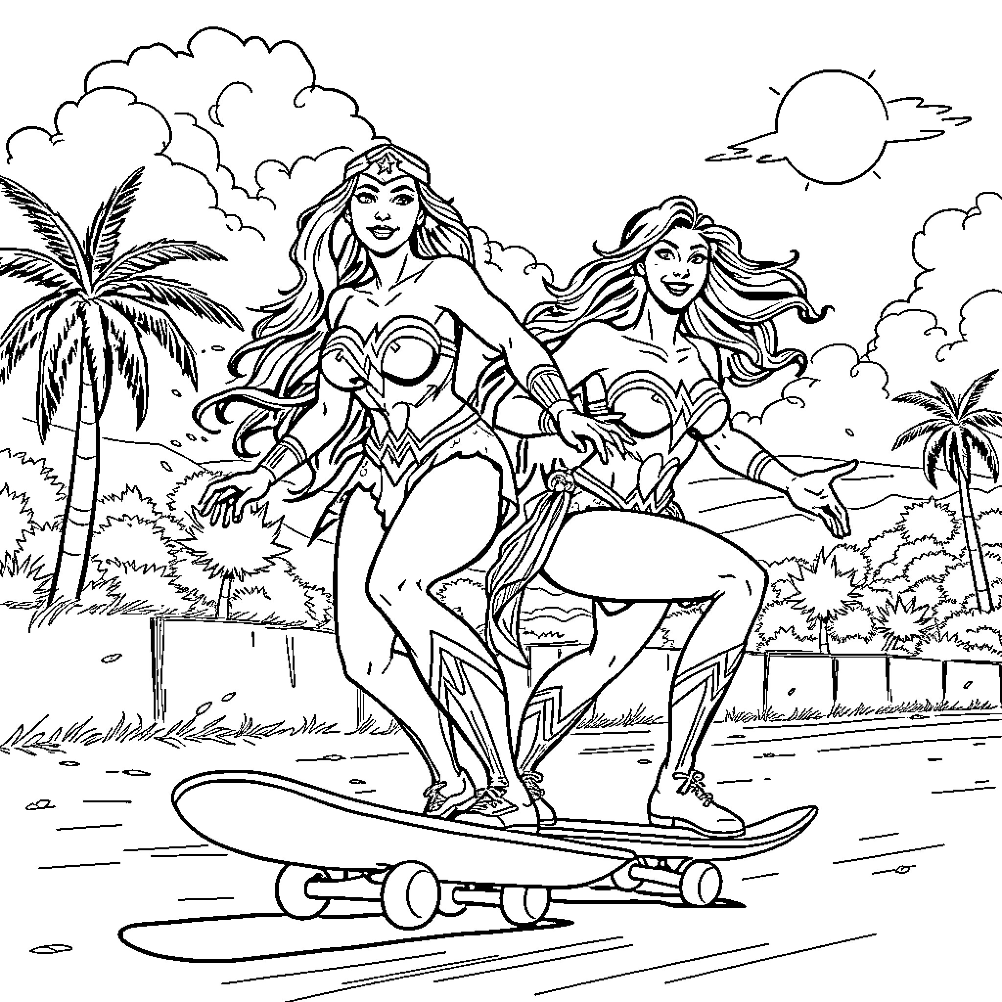 Wonder Woman heroines surfing and skateboarding on the beach Coloring Page (free black-and-white line drawing printable PDF for all, from beginners to advanced learners, including children, teens, adults, and seniors)