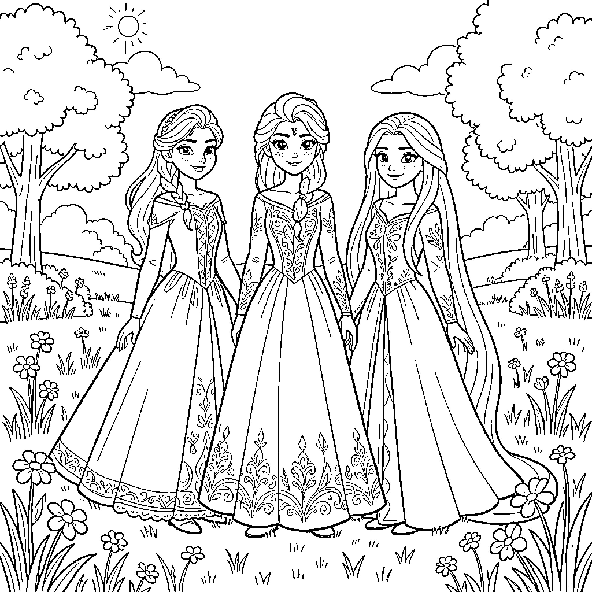 Princesses standing gracefully in a blooming flower garden Coloring Page (free black-and-white line drawing printable PDF for all, from beginners to advanced learners, including children, teens, adults, and seniors)