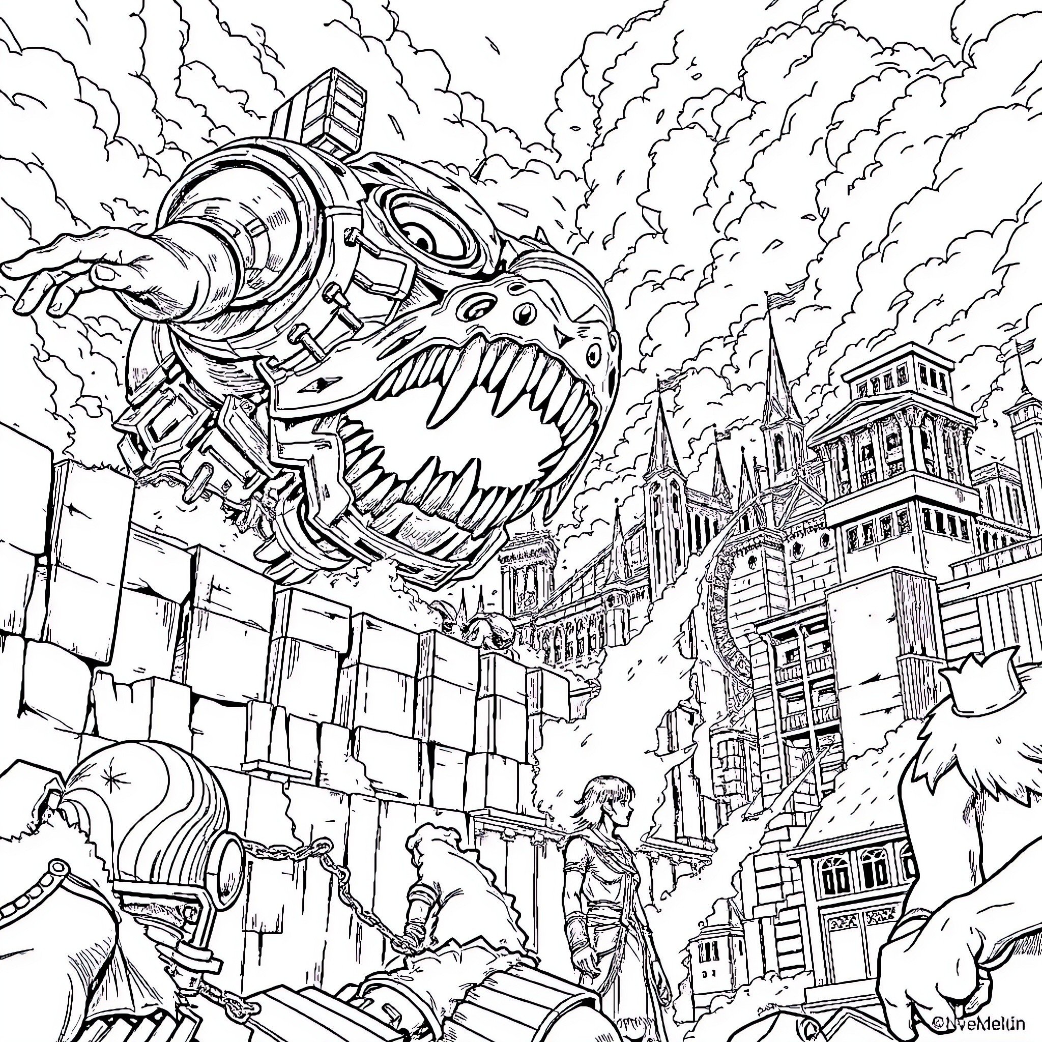 Attack on Titan: Titanic Titan Wreaking Havoc in Cityscape Coloring Page (free black-and-white line drawing printable PDF for all, from beginners to advanced learners, including children, teens, adults, and seniors)