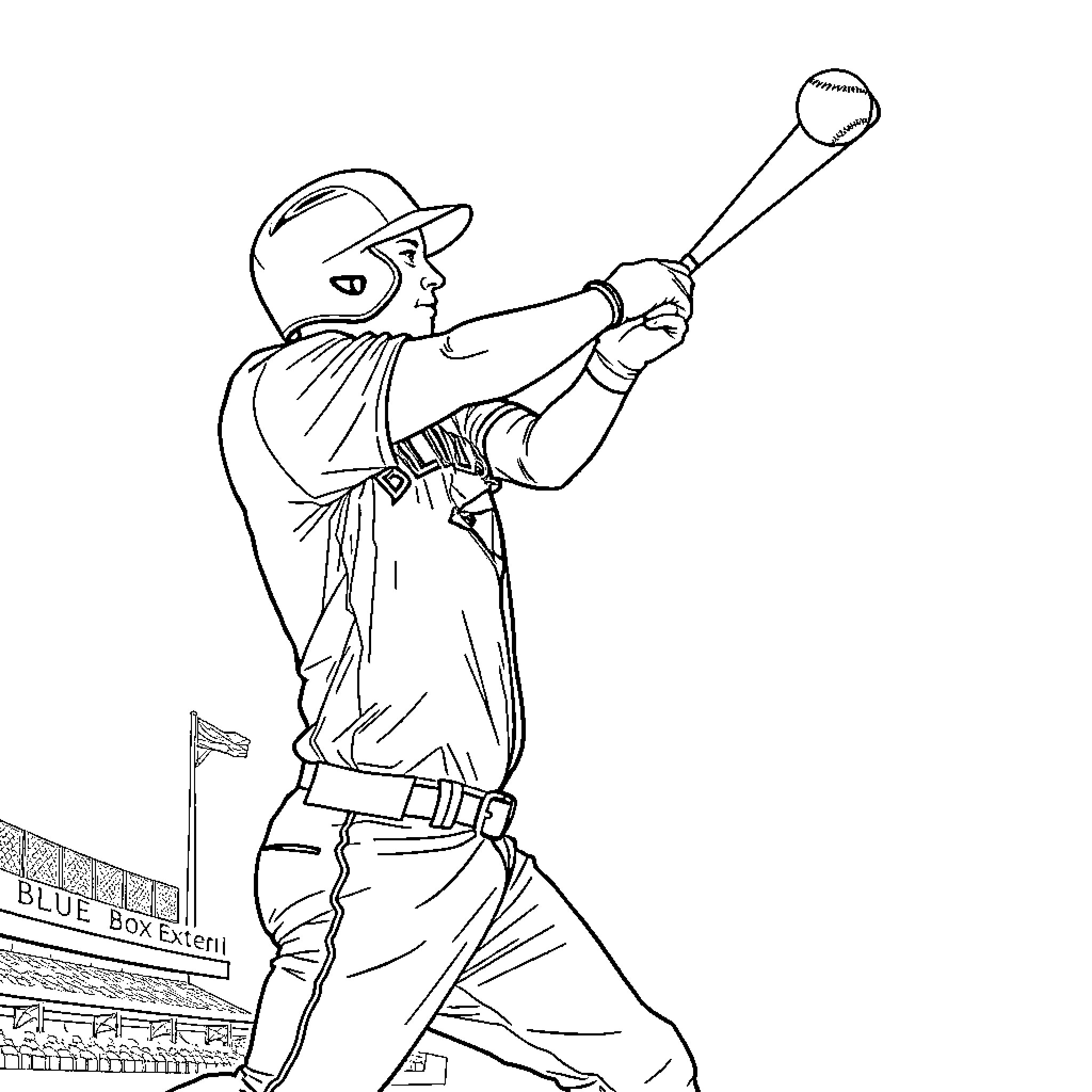 Baseball Player Batting at the Plate Coloring Page (free black-and-white line drawing printable PDF for all, from beginners to advanced learners, including children, teens, adults, and seniors)