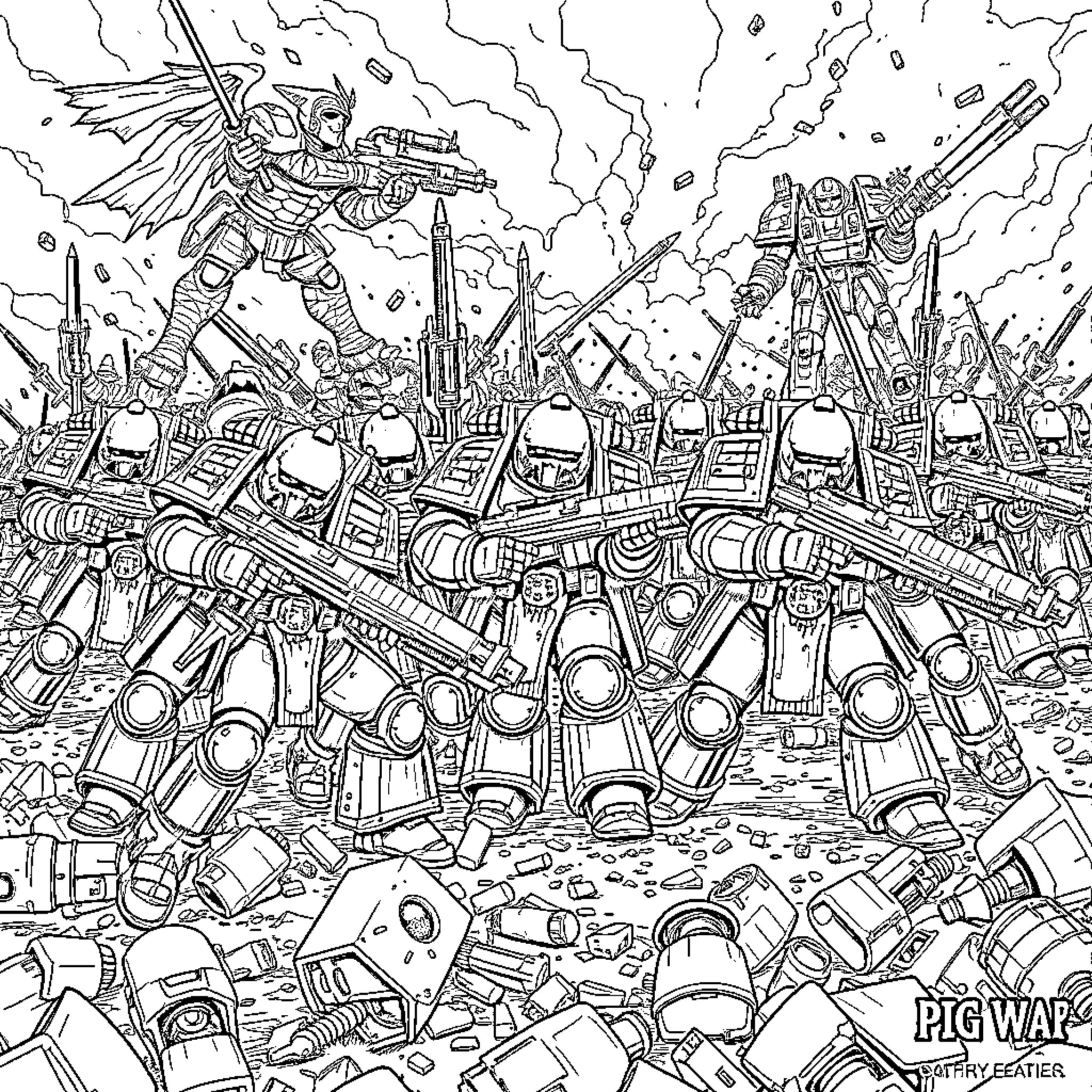 Ultramarine Mechanized Onslaught Unleashed Coloring Page (free black-and-white line drawing printable PDF for all, from beginners to advanced learners, including children, teens, adults, and seniors)
