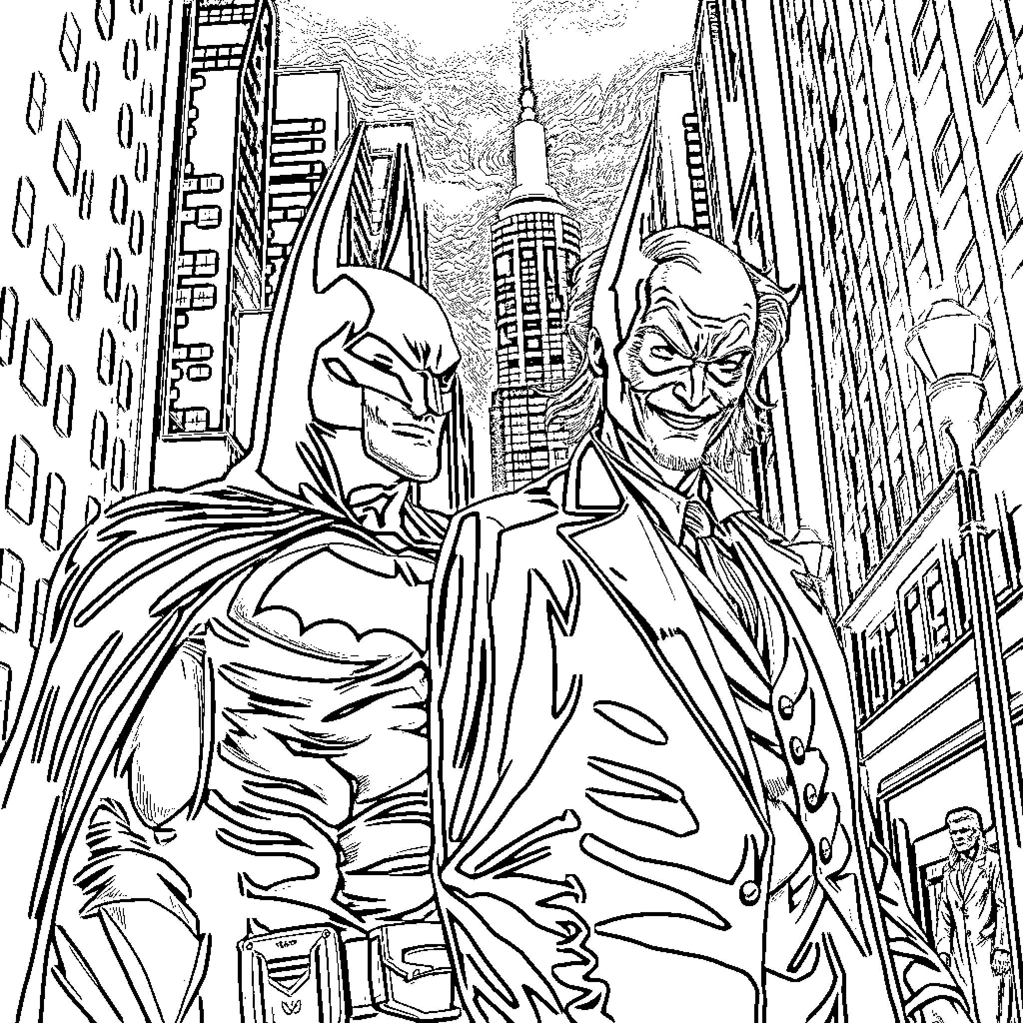Joker and the Dark Knight in the Bustling City Coloring Page (free black-and-white line drawing printable PDF for all, from beginners to advanced learners, including children, teens, adults, and seniors)