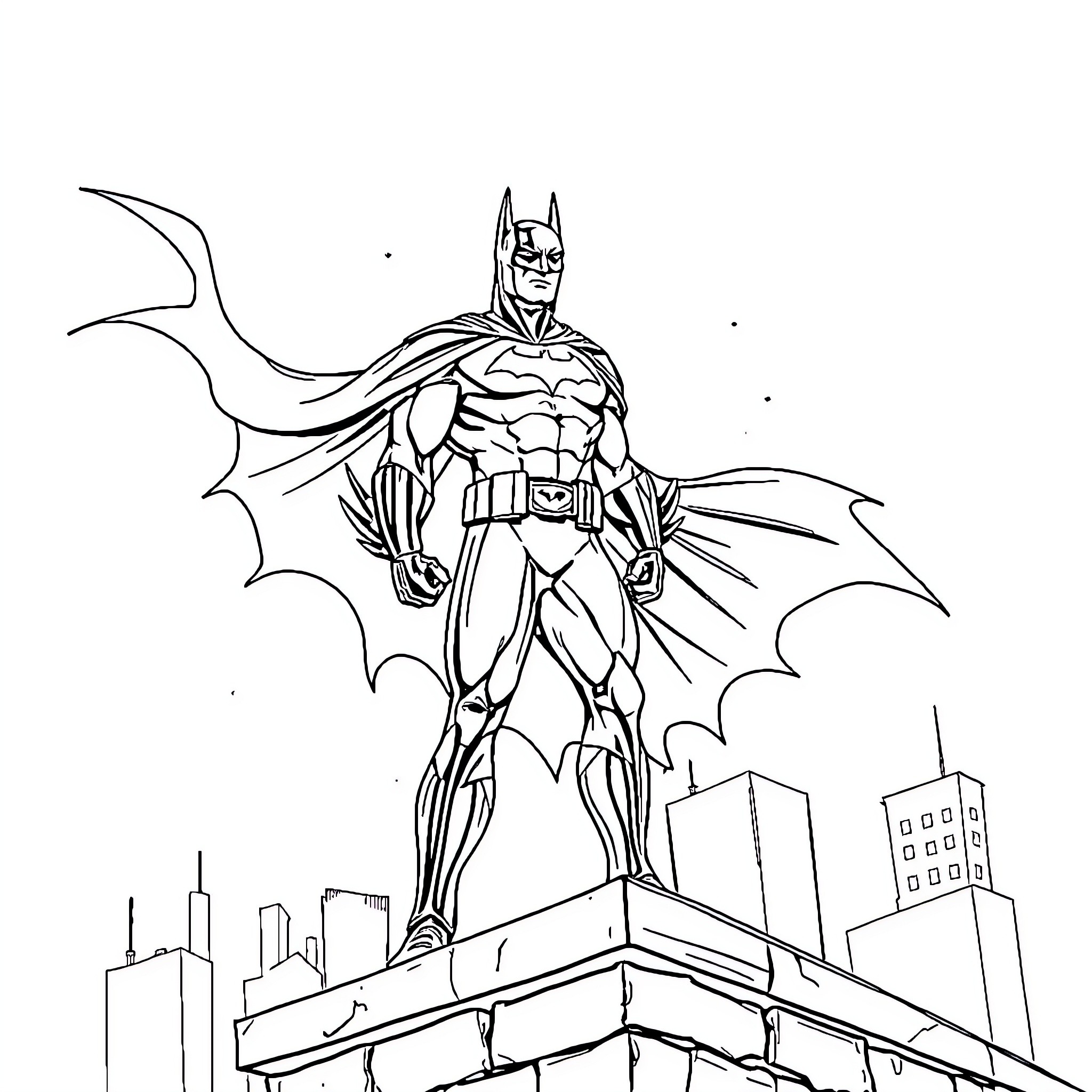 Batman standing heroically on a city rooftop Coloring Page (free black-and-white line drawing printable PDF for all, from beginners to advanced learners, including children, teens, adults, and seniors)