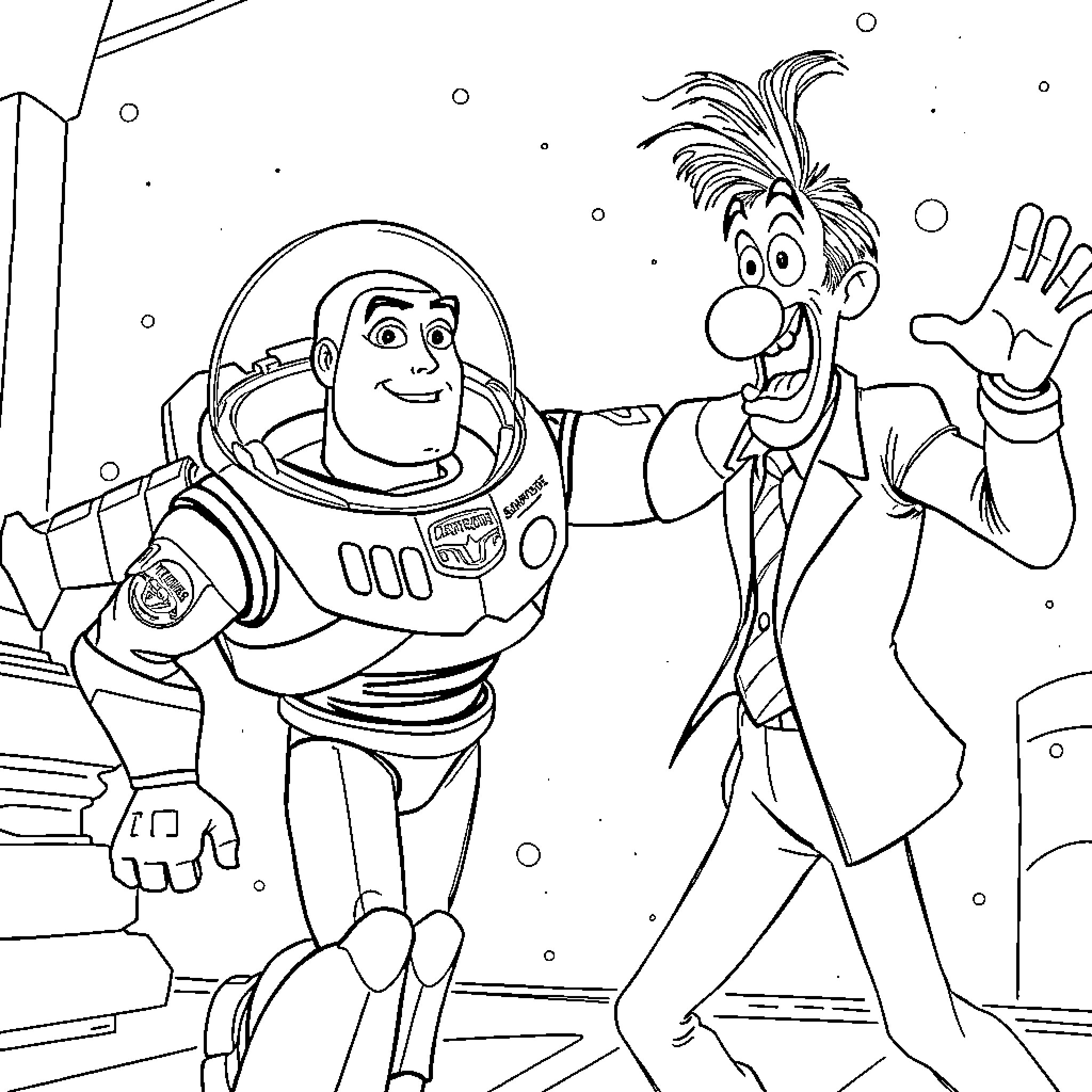 Buzz Lightyear meeting a quirky character in space Coloring Page (free black-and-white line drawing printable PDF for all, from beginners to advanced learners, including children, teens, adults, and seniors)