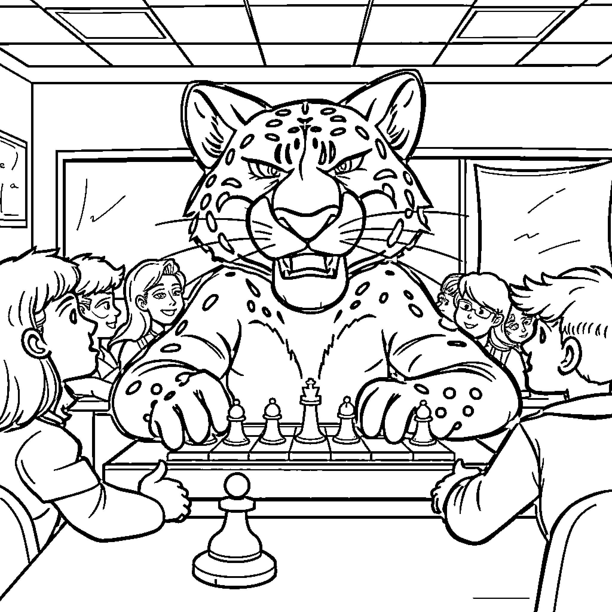 Cougar playing chess with children in the classroom Coloring Page (free black-and-white line drawing printable PDF for all, from beginners to advanced learners, including children, teens, adults, and seniors)