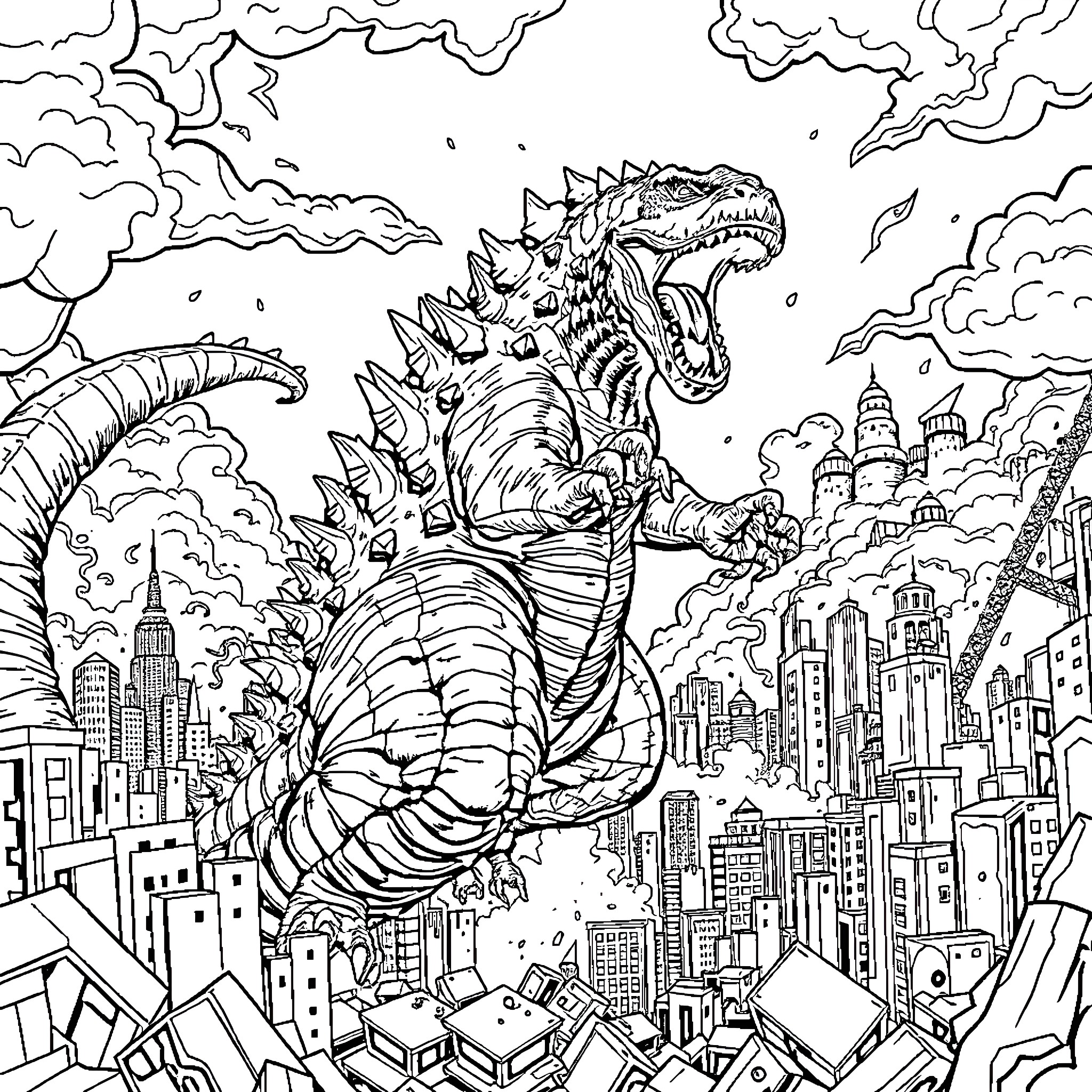 Godzilla Rampaging Through the City Coloring Page (free black-and-white line drawing printable PDF for all, from beginners to advanced learners, including children, teens, adults, and seniors)