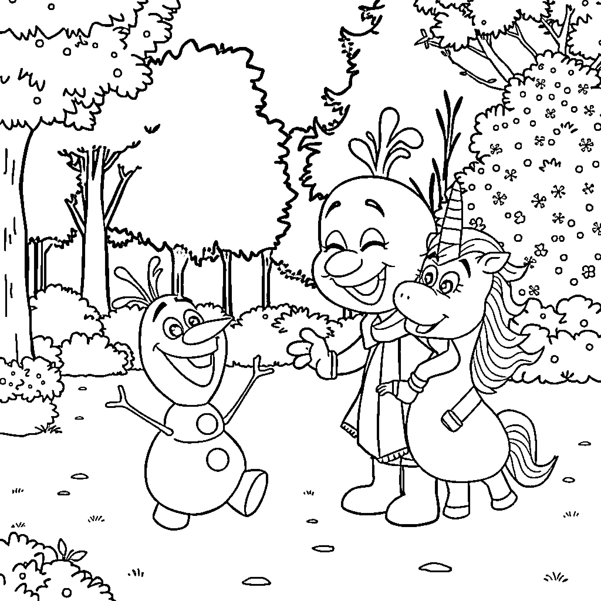 Bluey and friends explore the snowy forest Coloring Page (free black-and-white line drawing printable PDF for all, from beginners to advanced learners, including children, teens, adults, and seniors)