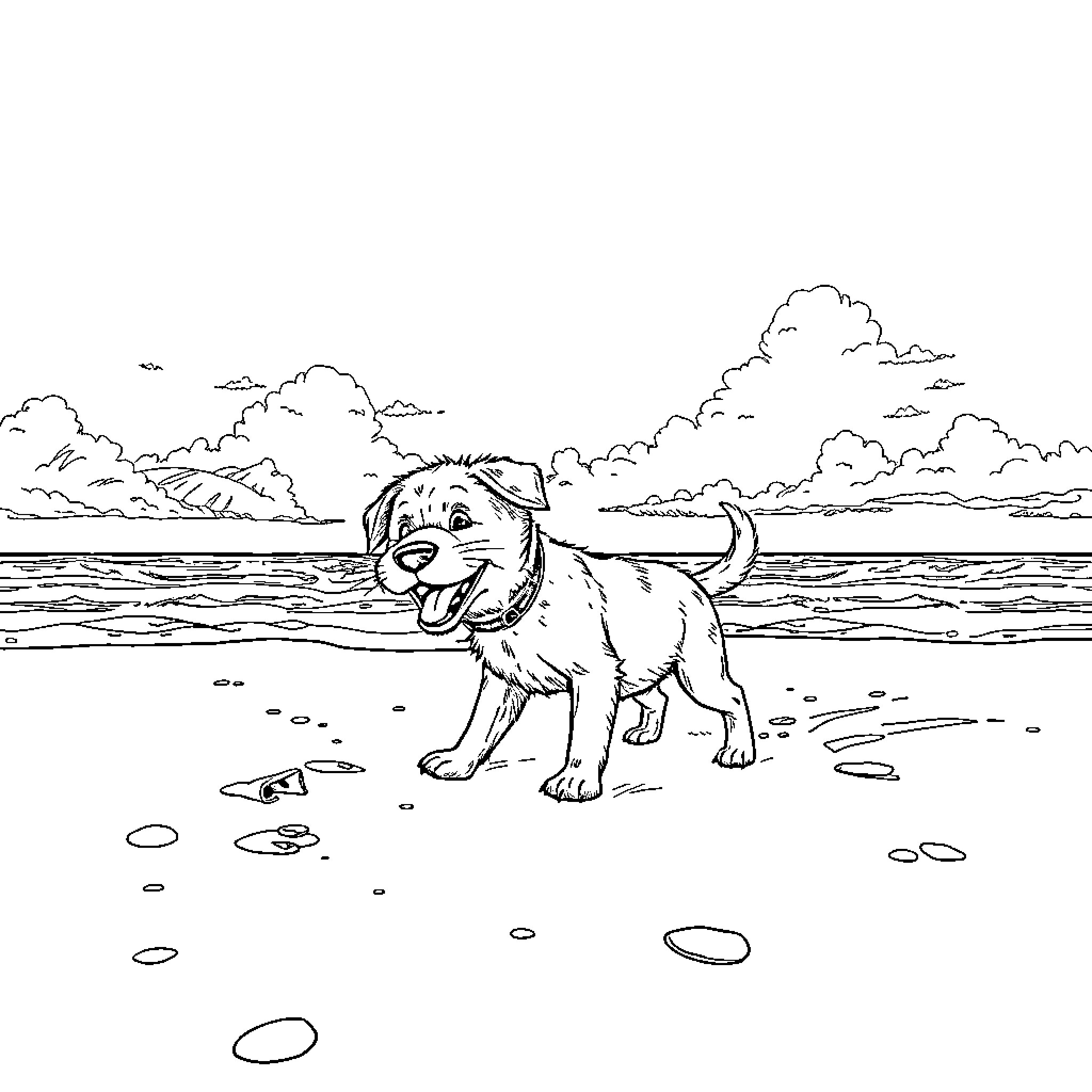 Dog playing happily on the beach Coloring Page (free black-and-white line drawing printable PDF for all, from beginners to advanced learners, including children, teens, adults, and seniors)