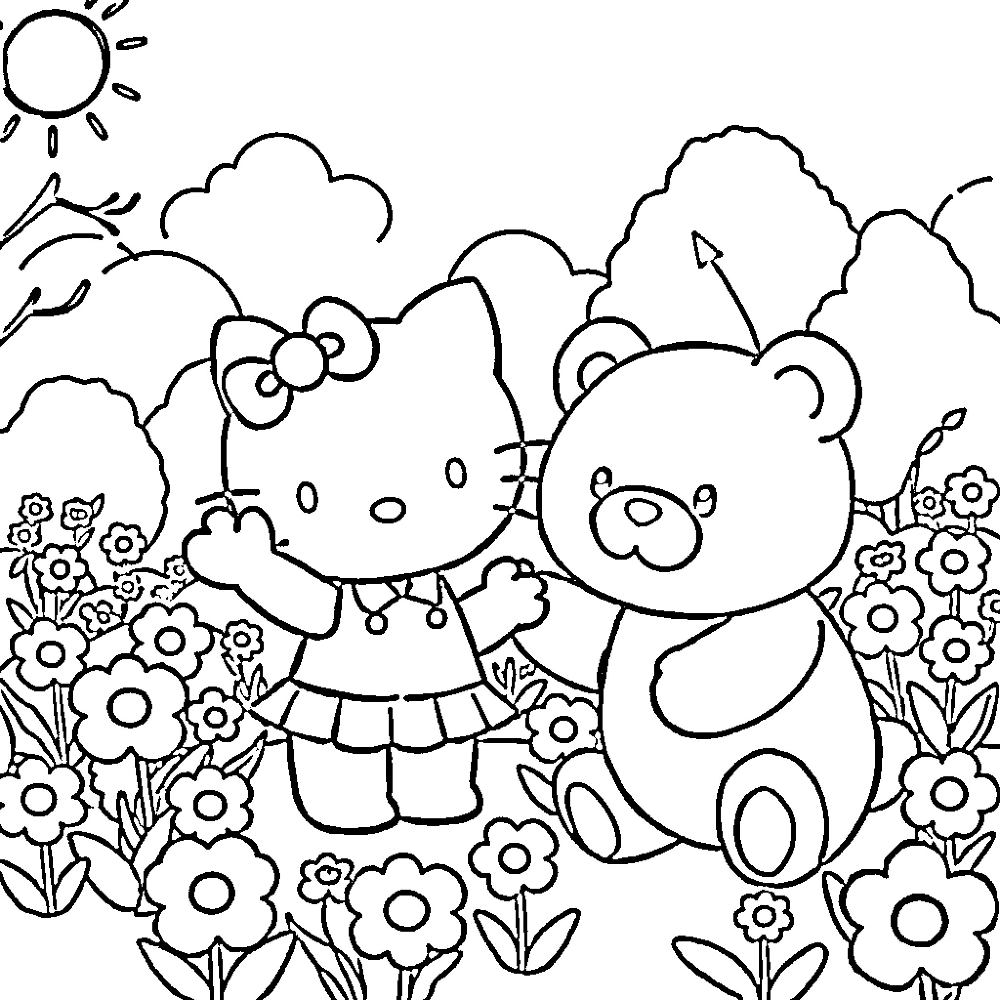 Hello Kitty and Teddy Bear in Floral Field Coloring Page (free black-and-white line drawing printable PDF for all, from beginners to advanced learners, including children, teens, adults, and seniors)