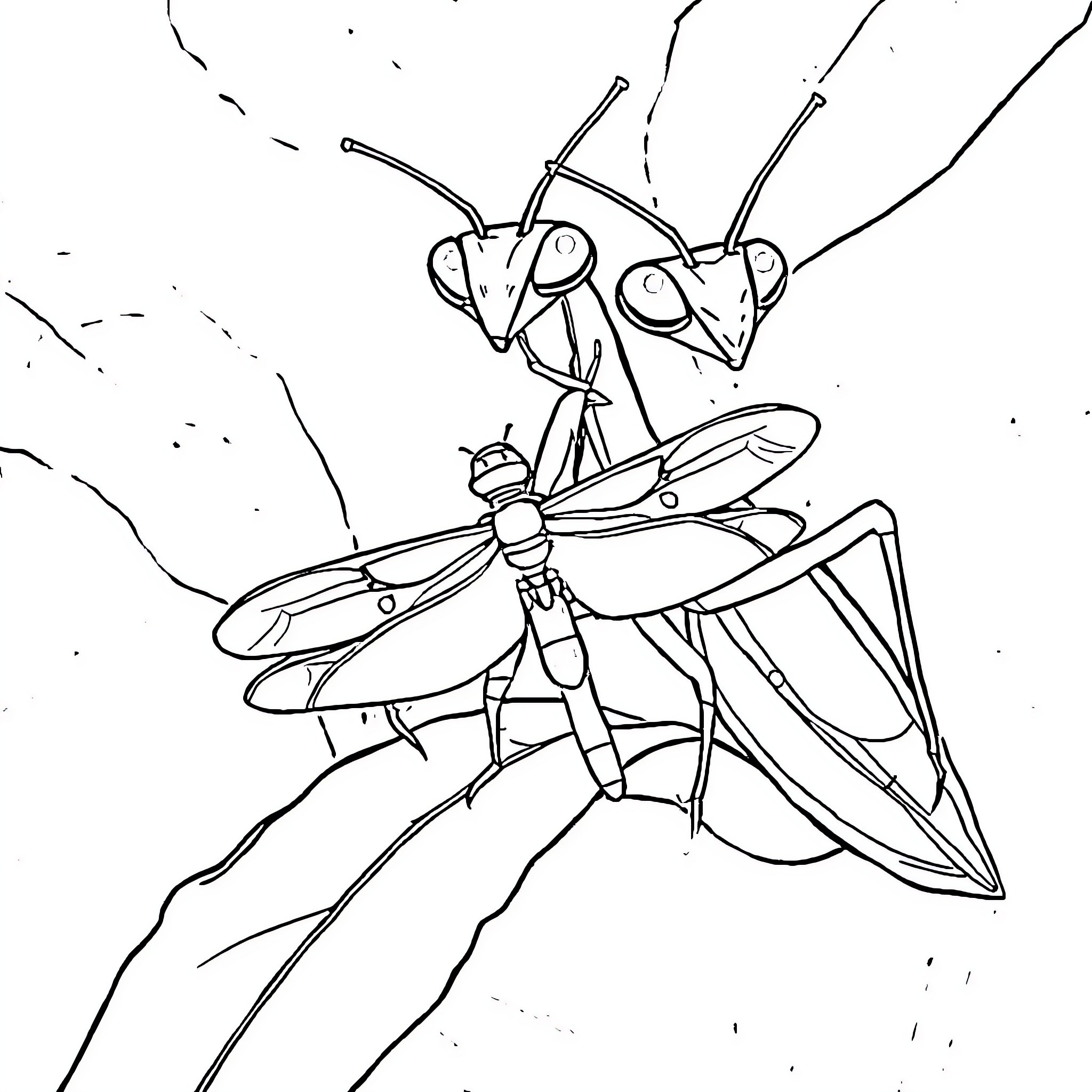 Praying Mantis Poised to Strike Coloring Page (free black-and-white line drawing printable PDF for all, from beginners to advanced learners, including children, teens, adults, and seniors)