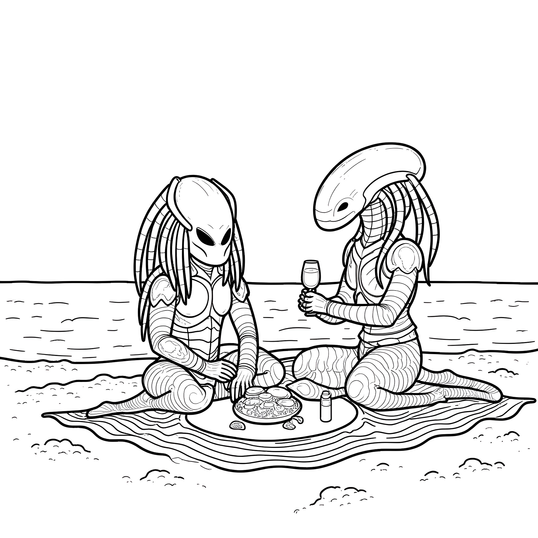 Predator enjoying a picnic with an alien companion Coloring Page (free black-and-white line drawing printable PDF for all, from beginners to advanced learners, including children, teens, adults, and seniors)
