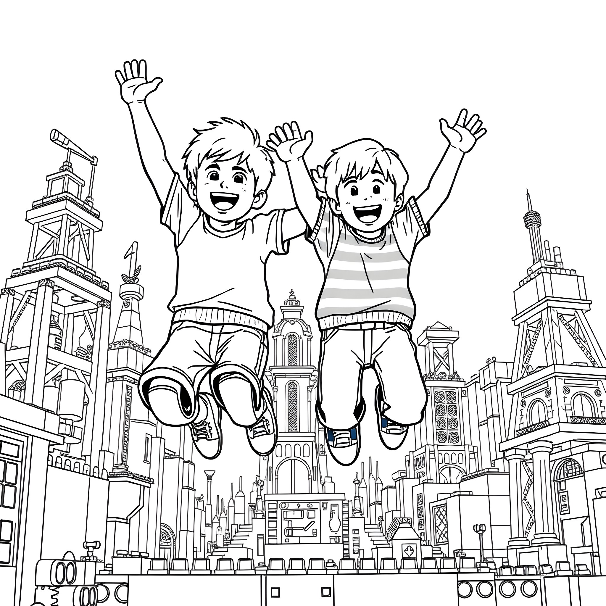 Boy Friends Leaping with Joy in the City Coloring Page (free black-and-white line drawing printable PDF for all, from beginners to advanced learners, including children, teens, adults, and seniors)