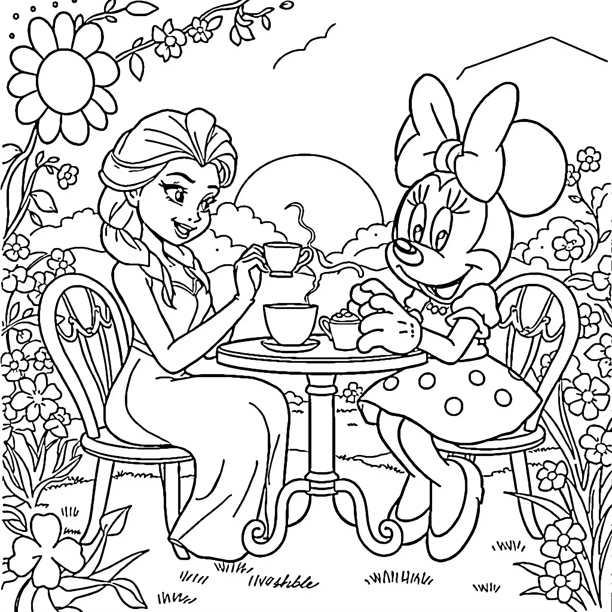 Elsa enjoying tea time with Minnie Mouse in a floral garden Coloring Page (free black-and-white line drawing printable PDF for all, from beginners to advanced learners, including children, teens, adults, and seniors)