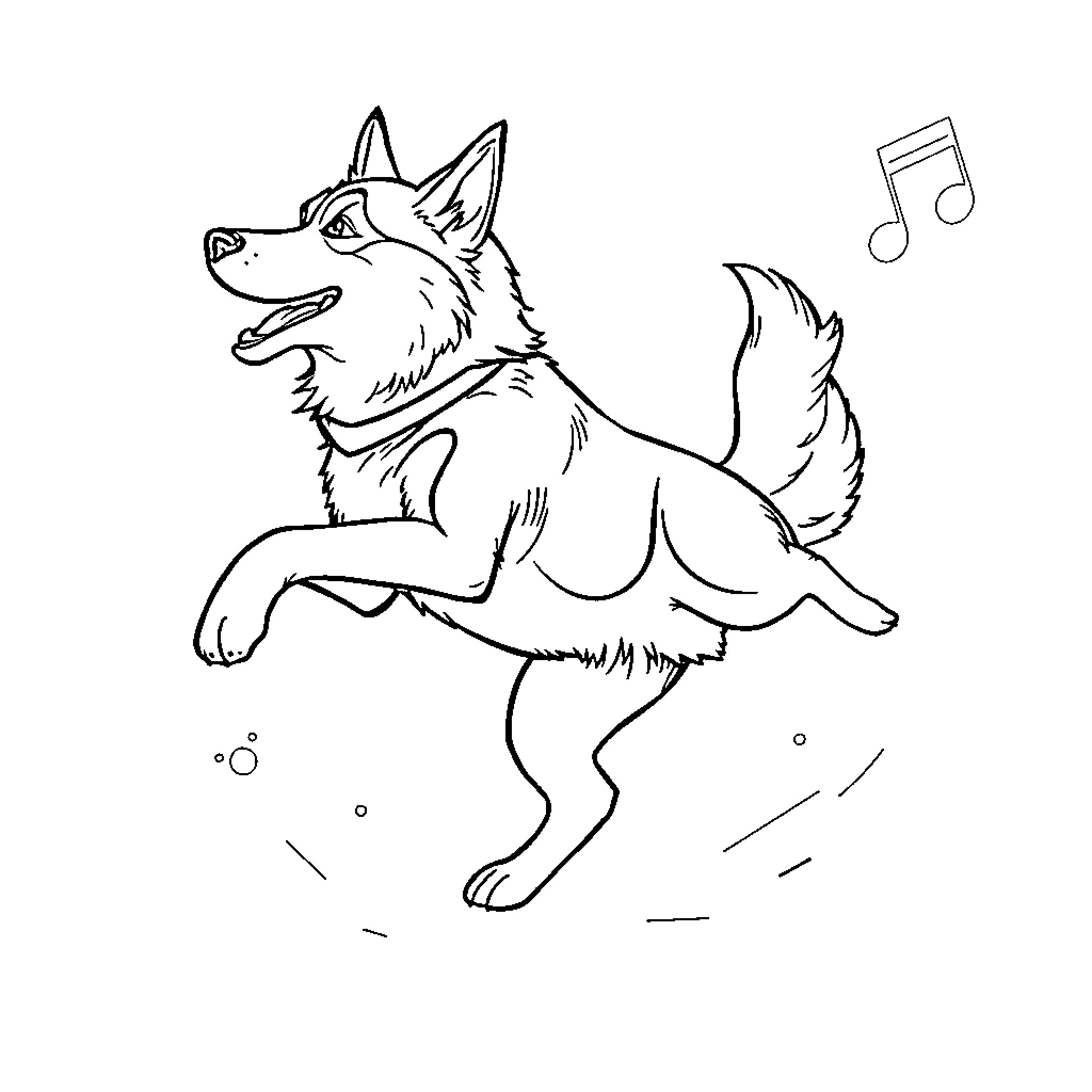 Husky dancing joyfully with musical notes Coloring Page (free black-and-white line drawing printable PDF for all, from beginners to advanced learners, including children, teens, adults, and seniors)