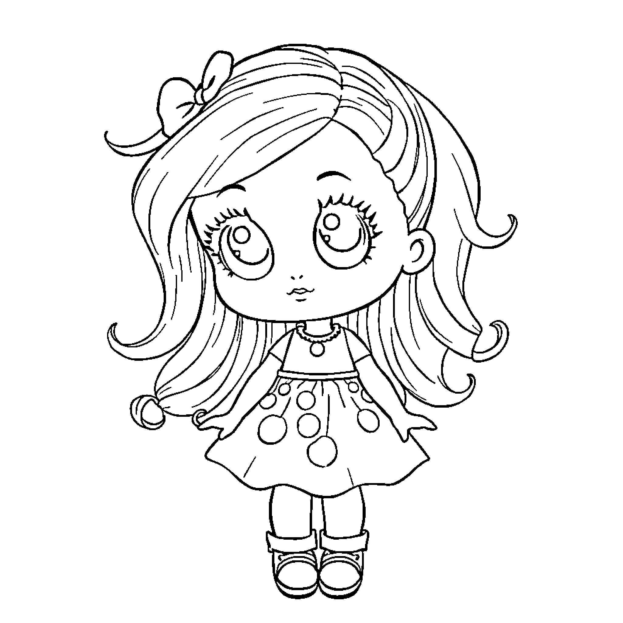 Doll with Bow Outfit and Curly Hair Coloring Page (free black-and-white line drawing printable PDF for all, from beginners to advanced learners, including children, teens, adults, and seniors)