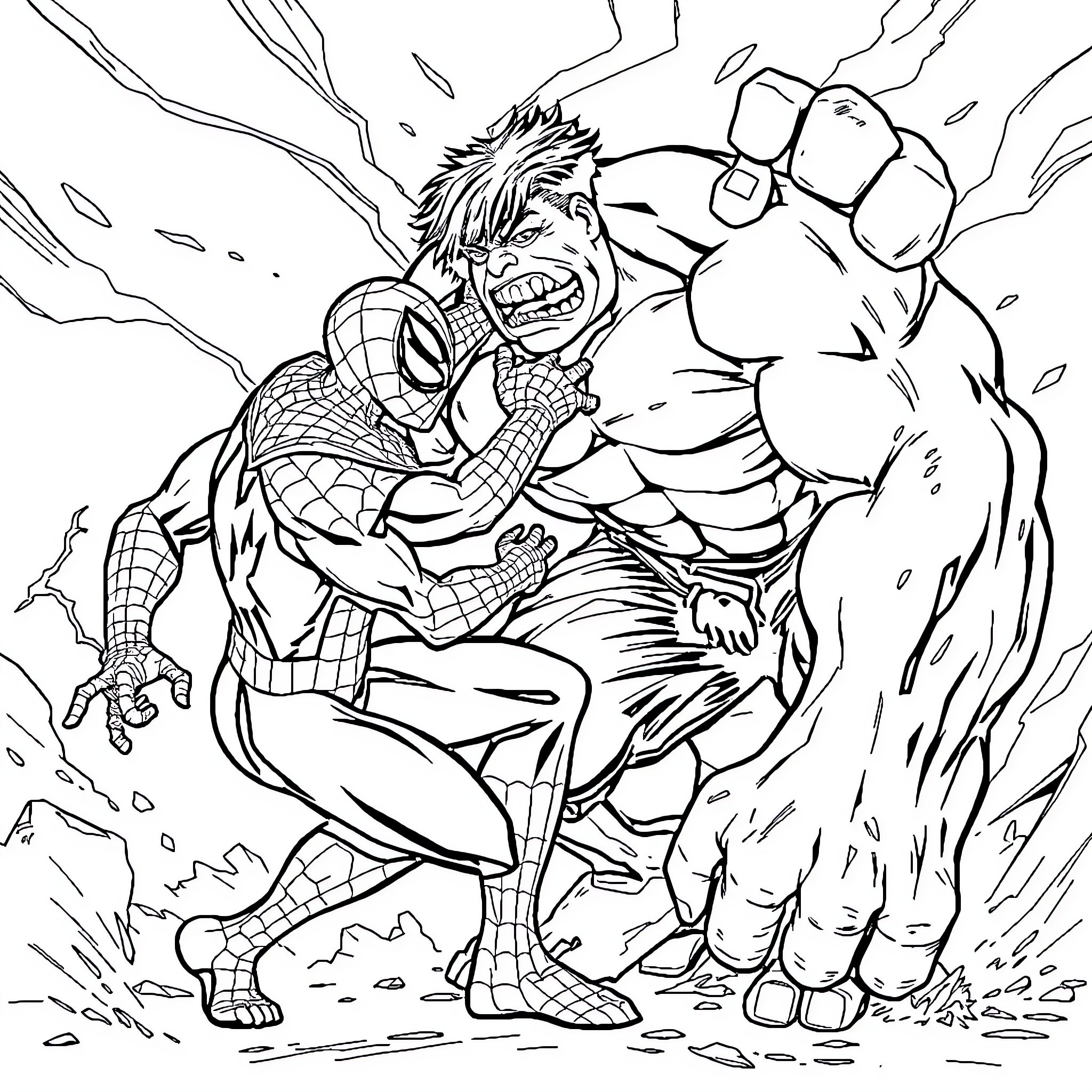 Spider-Man battling a powerful villain in intense struggle Coloring Page (free black-and-white line drawing printable PDF for all, from beginners to advanced learners, including children, teens, adults, and seniors)