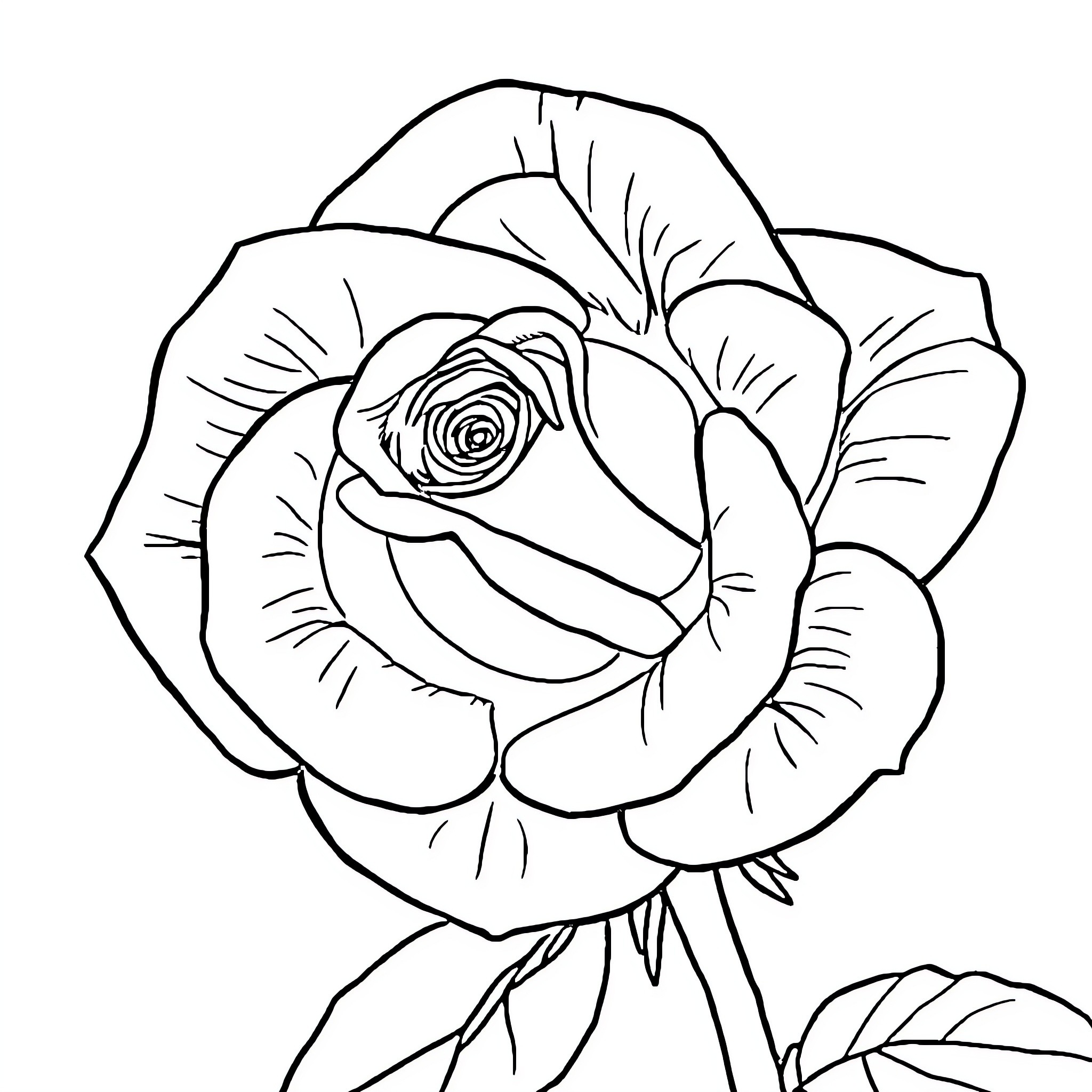 Rose with Detailed Petals and Leaves Coloring Page (free black-and-white line drawing printable PDF for all, from beginners to advanced learners, including children, teens, adults, and seniors)