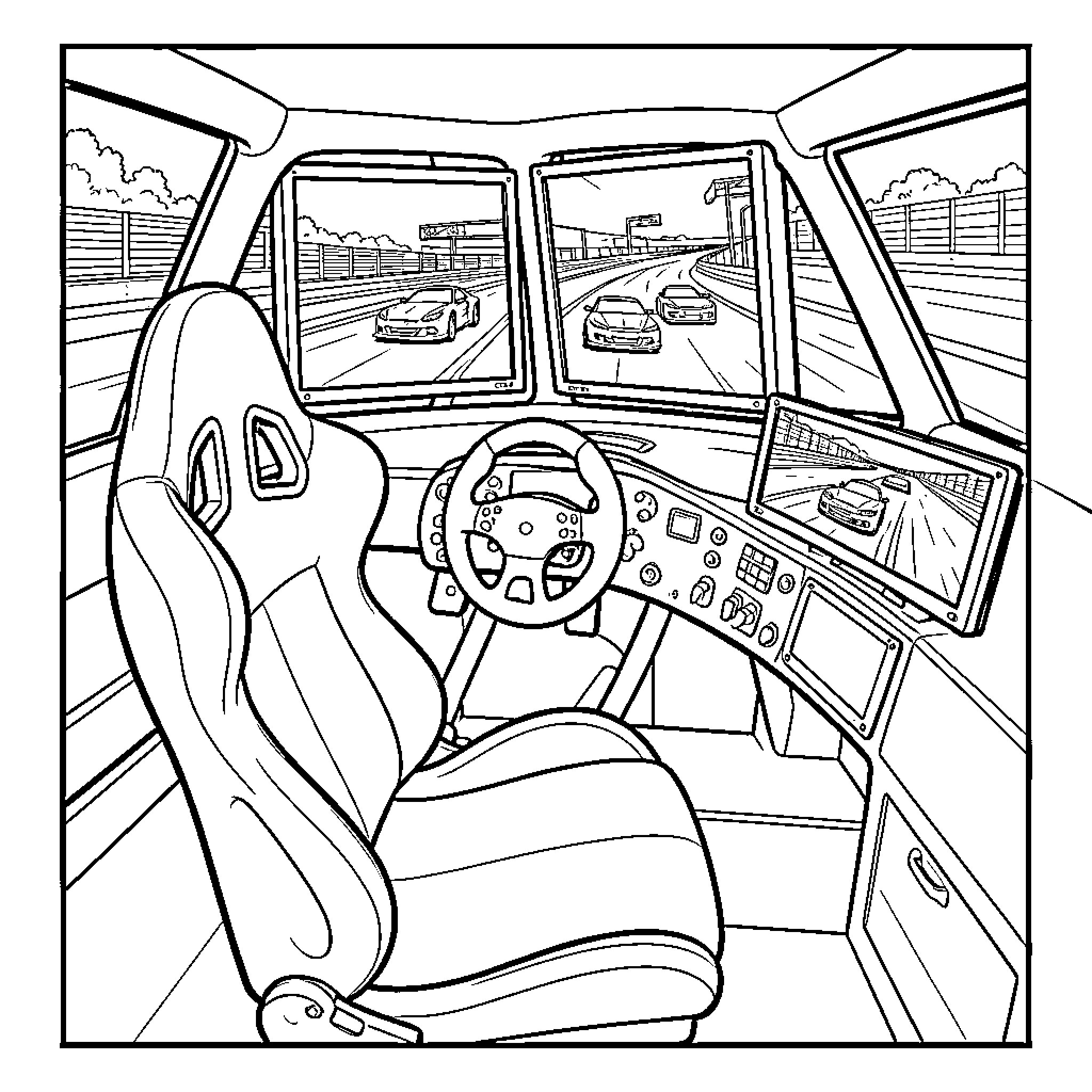 Sim Racing Cockpit with Racer and Highway Scenery Coloring Page (free black-and-white line drawing printable PDF for all, from beginners to advanced learners, including children, teens, adults, and seniors)
