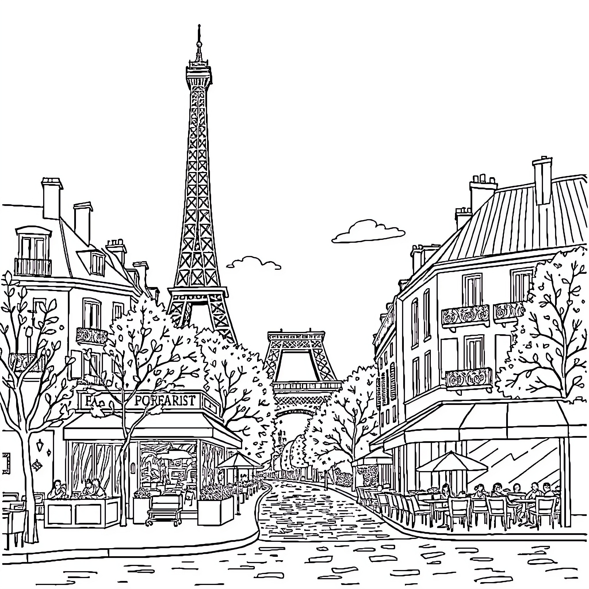 Paris street scene with Eiffel Tower and cafes Coloring Page (free black-and-white line drawing printable PDF for all, from beginners to advanced learners, including children, teens, adults, and seniors)