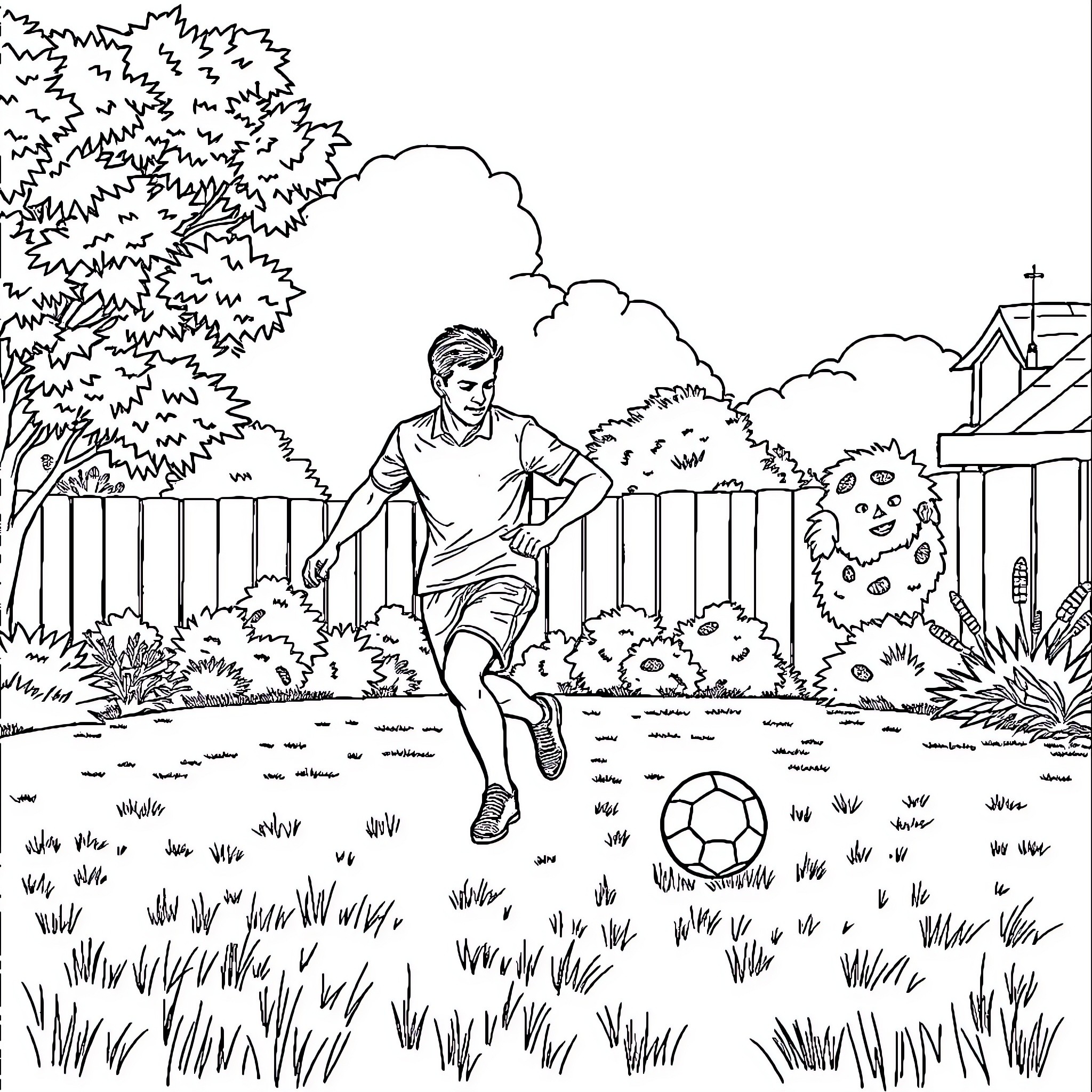 Football player kicking ball in backyard Coloring Page (free black-and-white line drawing printable PDF for all, from beginners to advanced learners, including children, teens, adults, and seniors)