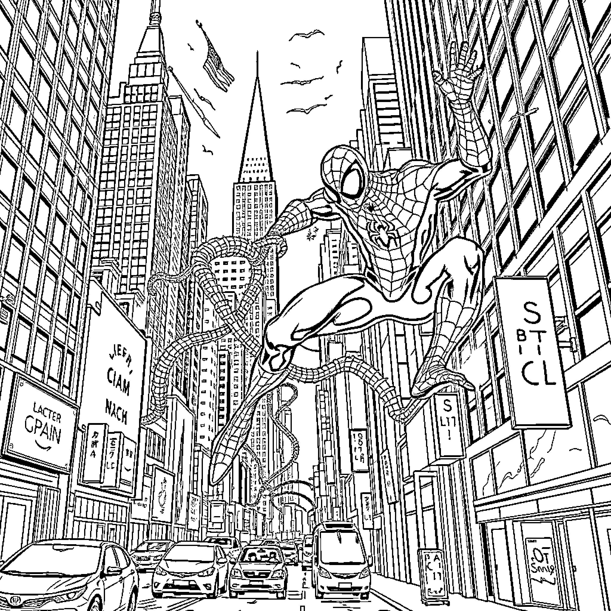 Spider-Man swinging through the vibrant city streets Coloring Page (free black-and-white line drawing printable PDF for all, from beginners to advanced learners, including children, teens, adults, and seniors)