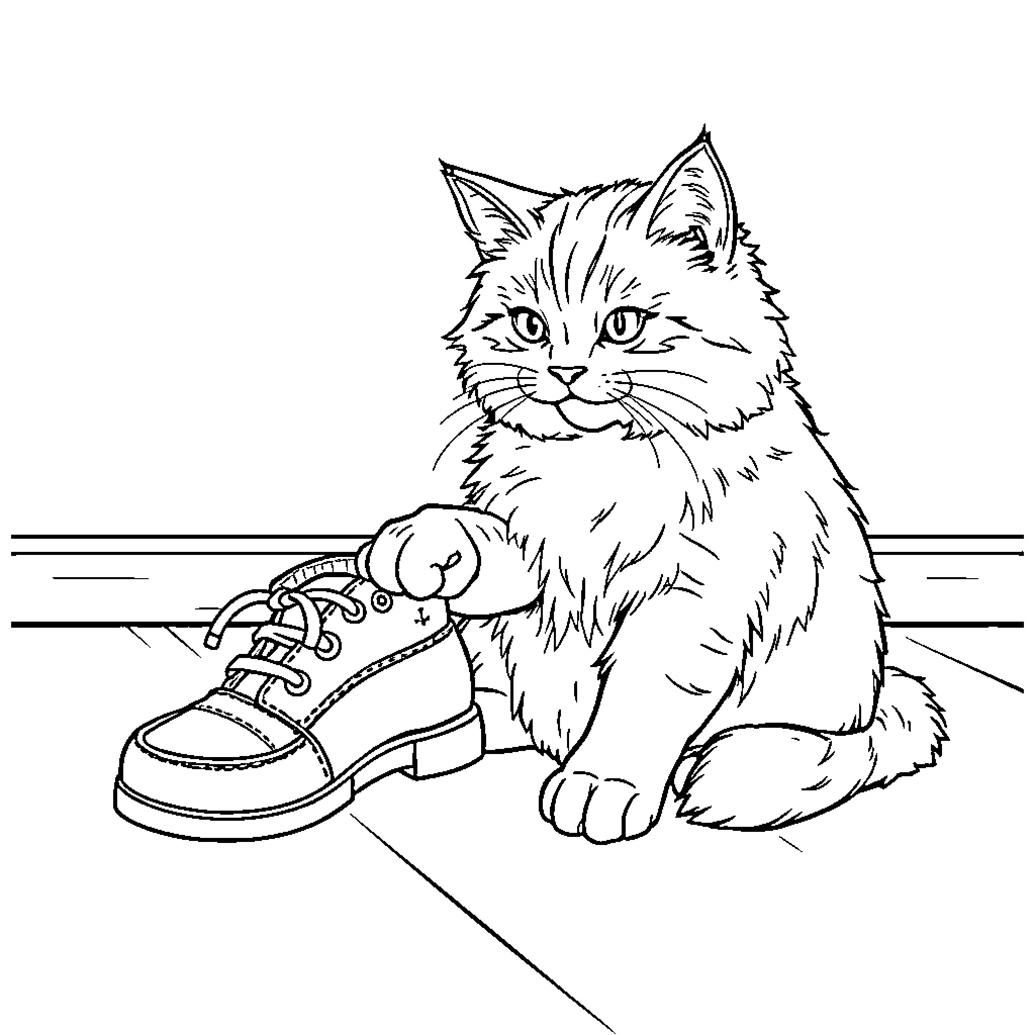 Cat playing with shoe in the room Coloring Page (free black-and-white line drawing printable PDF for all, from beginners to advanced learners, including children, teens, adults, and seniors)