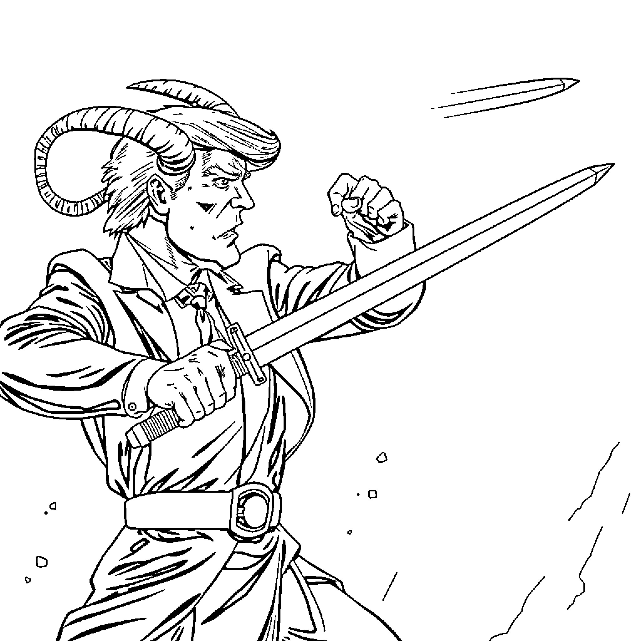 Donald Trump wielding a sword in a battle stance Coloring Page (free black-and-white line drawing printable PDF for all, from beginners to advanced learners, including children, teens, adults, and seniors)