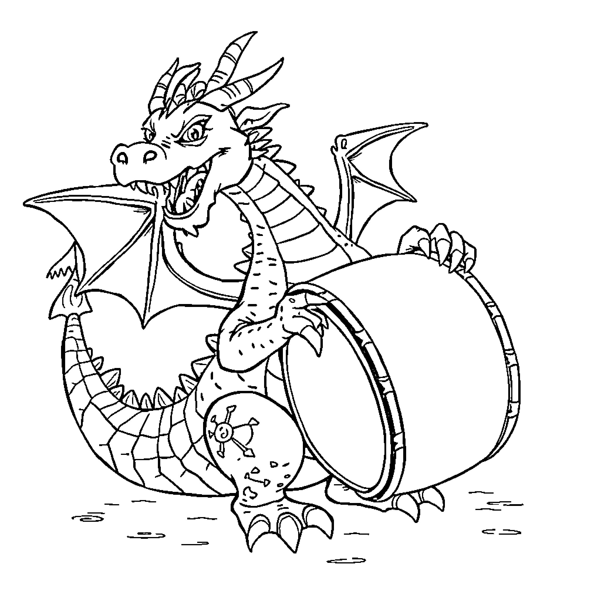 Dragon with fierce expression and unfurled wings Coloring Page (free black-and-white line drawing printable PDF for all, from beginners to advanced learners, including children, teens, adults, and seniors)
