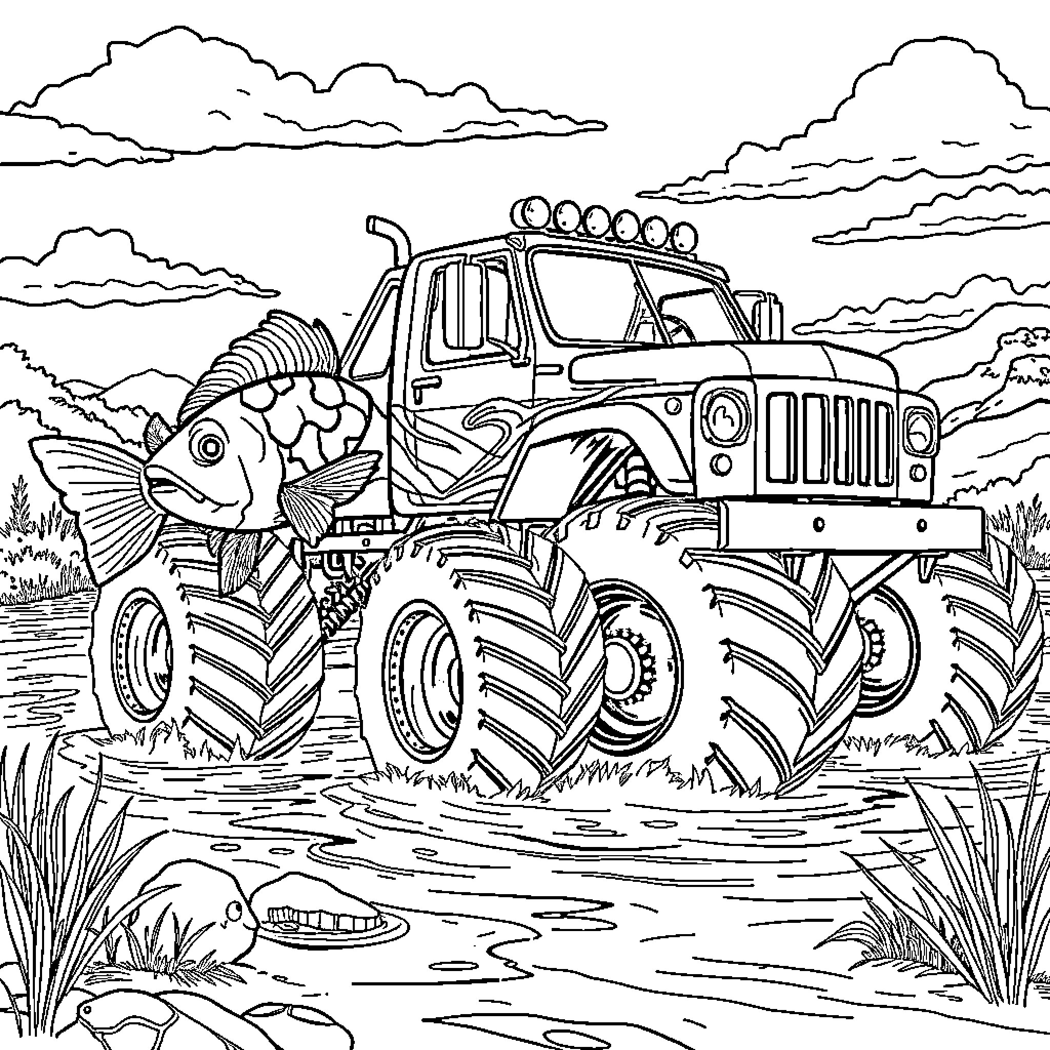 Fish Catching Ride on Powerful Monster Truck Coloring Page (free black-and-white line drawing printable PDF for all, from beginners to advanced learners, including children, teens, adults, and seniors)