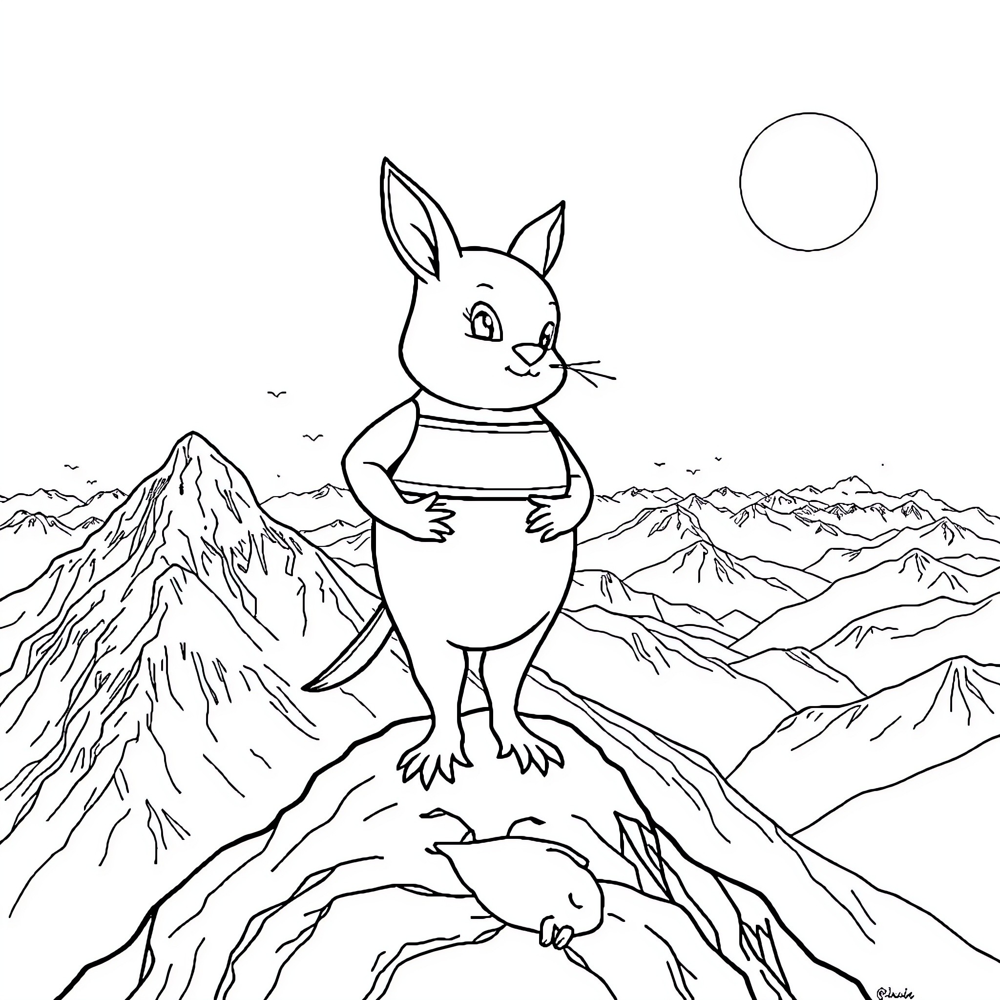Cinderella rabbit standing on a mountain peak Coloring Page (free black-and-white line drawing printable PDF for all, from beginners to advanced learners, including children, teens, adults, and seniors)