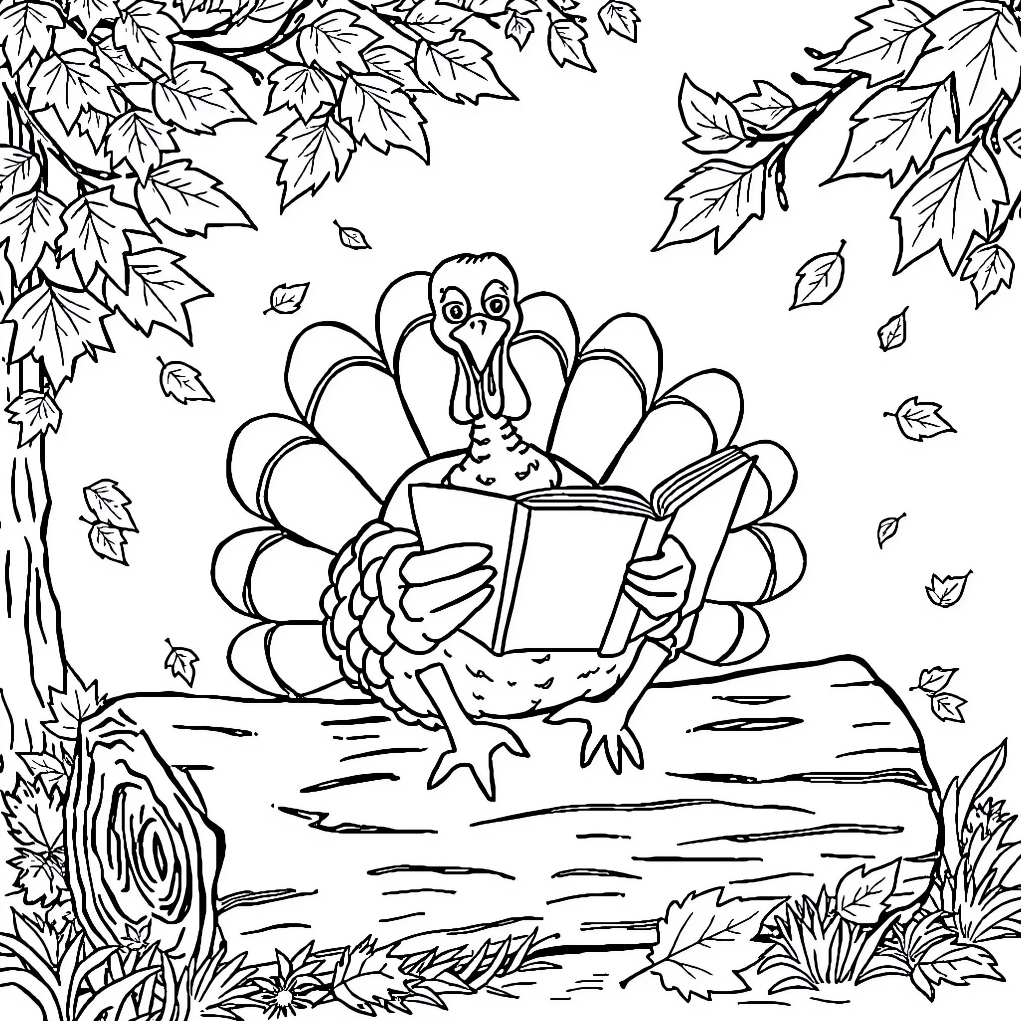 Turkey reading a book in the autumn forest Coloring Page (free black-and-white line drawing printable PDF for all, from beginners to advanced learners, including children, teens, adults, and seniors)