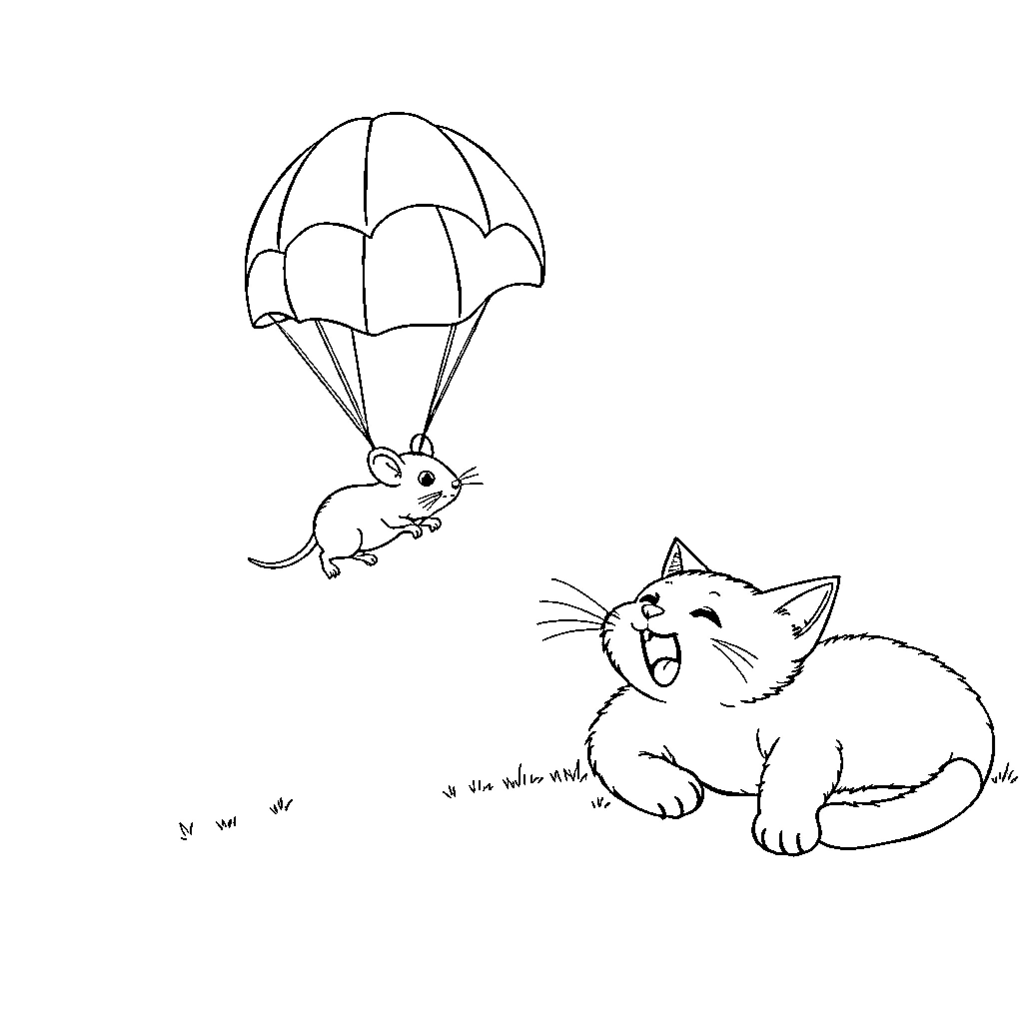 Mouse parachuting while cat watches curiously Coloring Page (free black-and-white line drawing printable PDF for all, from beginners to advanced learners, including children, teens, adults, and seniors)