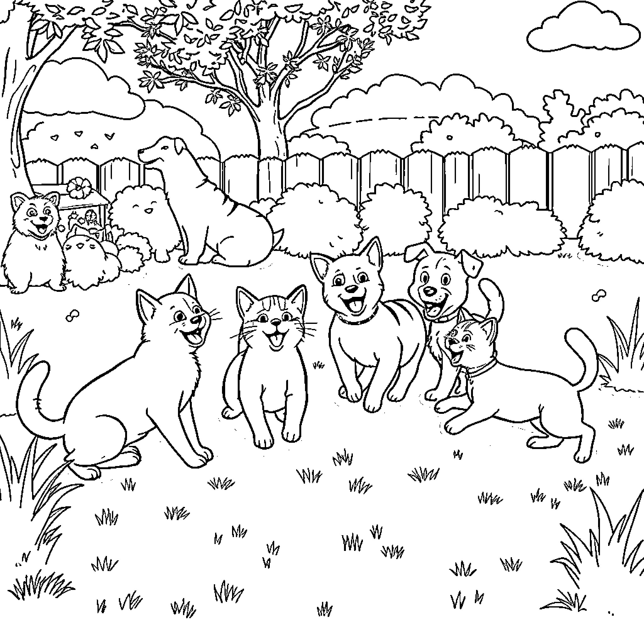 Cats playing and exploring in the forest Coloring Page (free black-and-white line drawing printable PDF for all, from beginners to advanced learners, including children, teens, adults, and seniors)