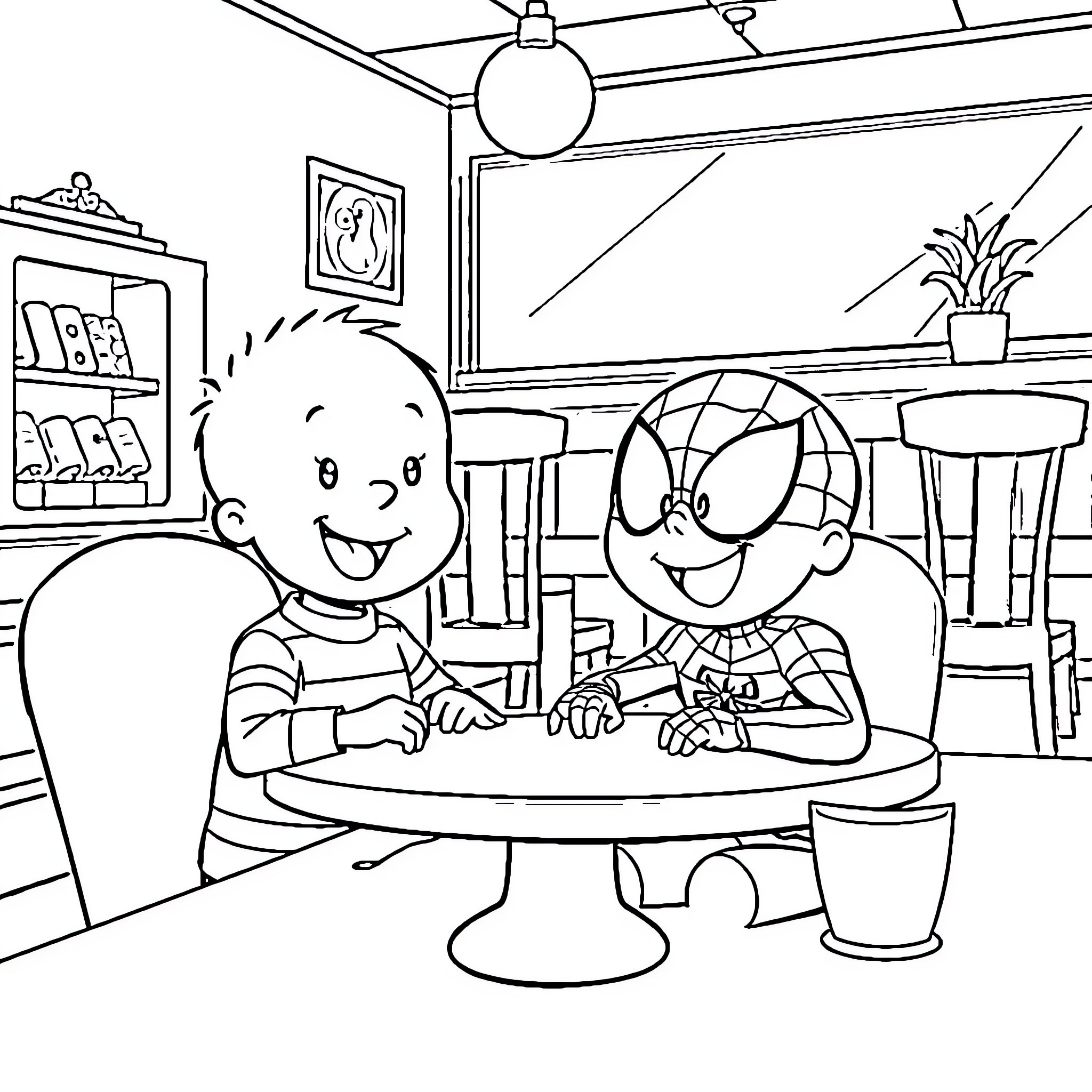 Caillou and friend enjoying time together Coloring Page (free black-and-white line drawing printable PDF for all, from beginners to advanced learners, including children, teens, adults, and seniors)