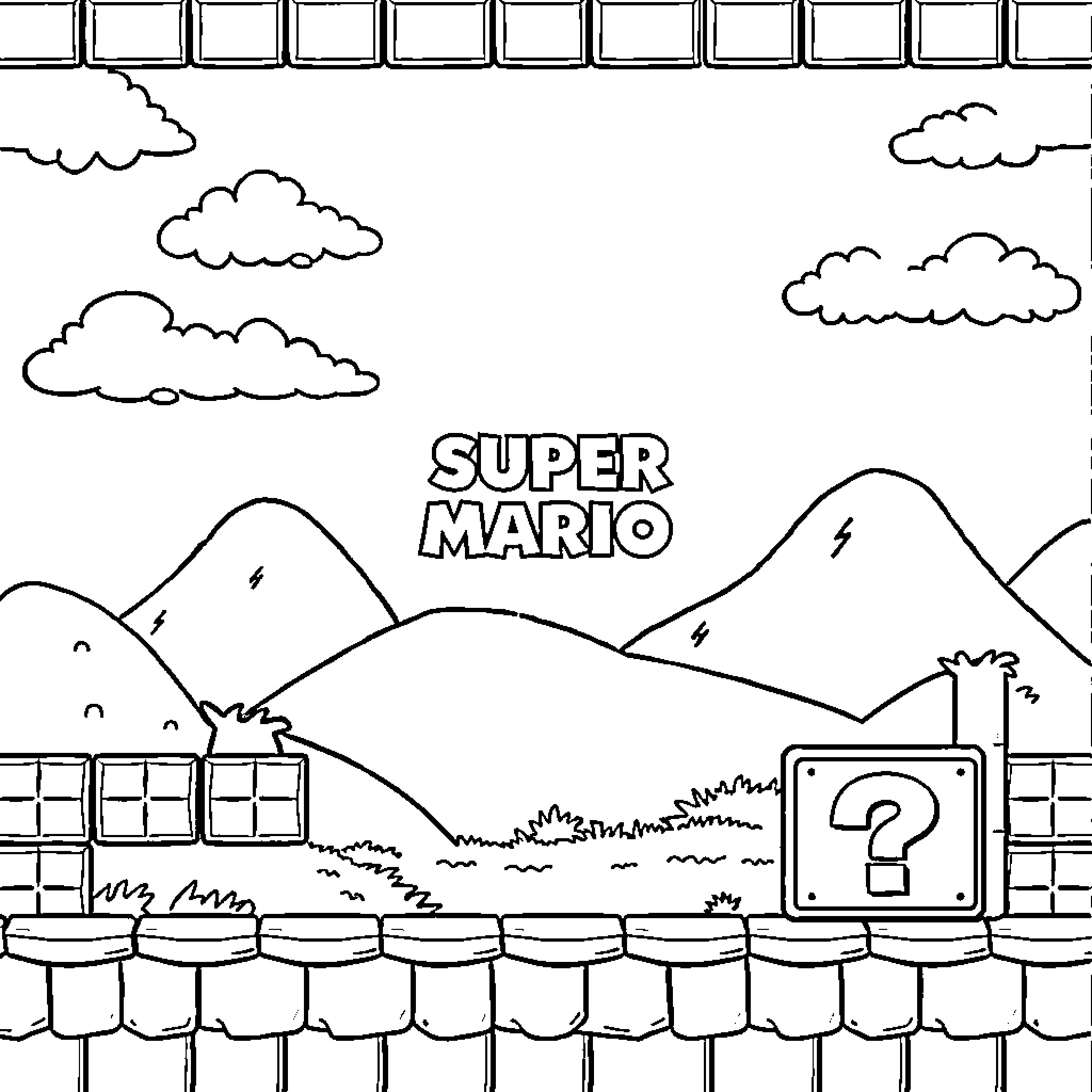 Super Mario Exploring Mountainous Landscape Coloring Page (free black-and-white line drawing printable PDF for all, from beginners to advanced learners, including children, teens, adults, and seniors)