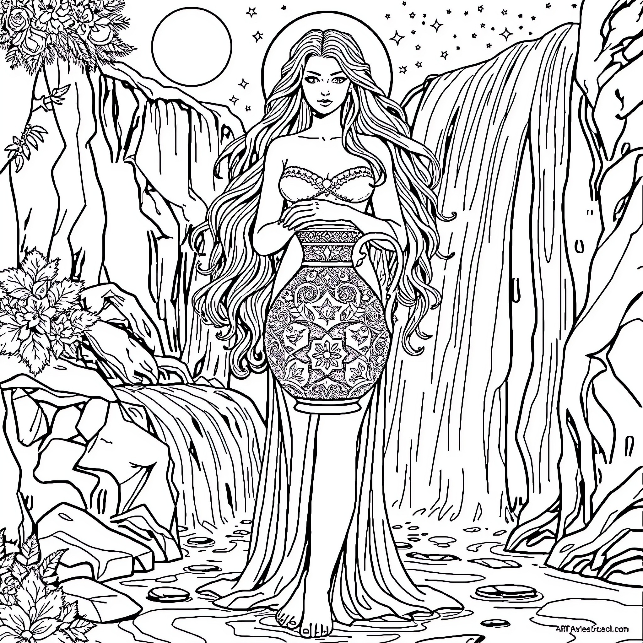 Aquarius maiden stands amidst nature's splendor Coloring Page (free black-and-white line drawing printable PDF for all, from beginners to advanced learners, including children, teens, adults, and seniors)