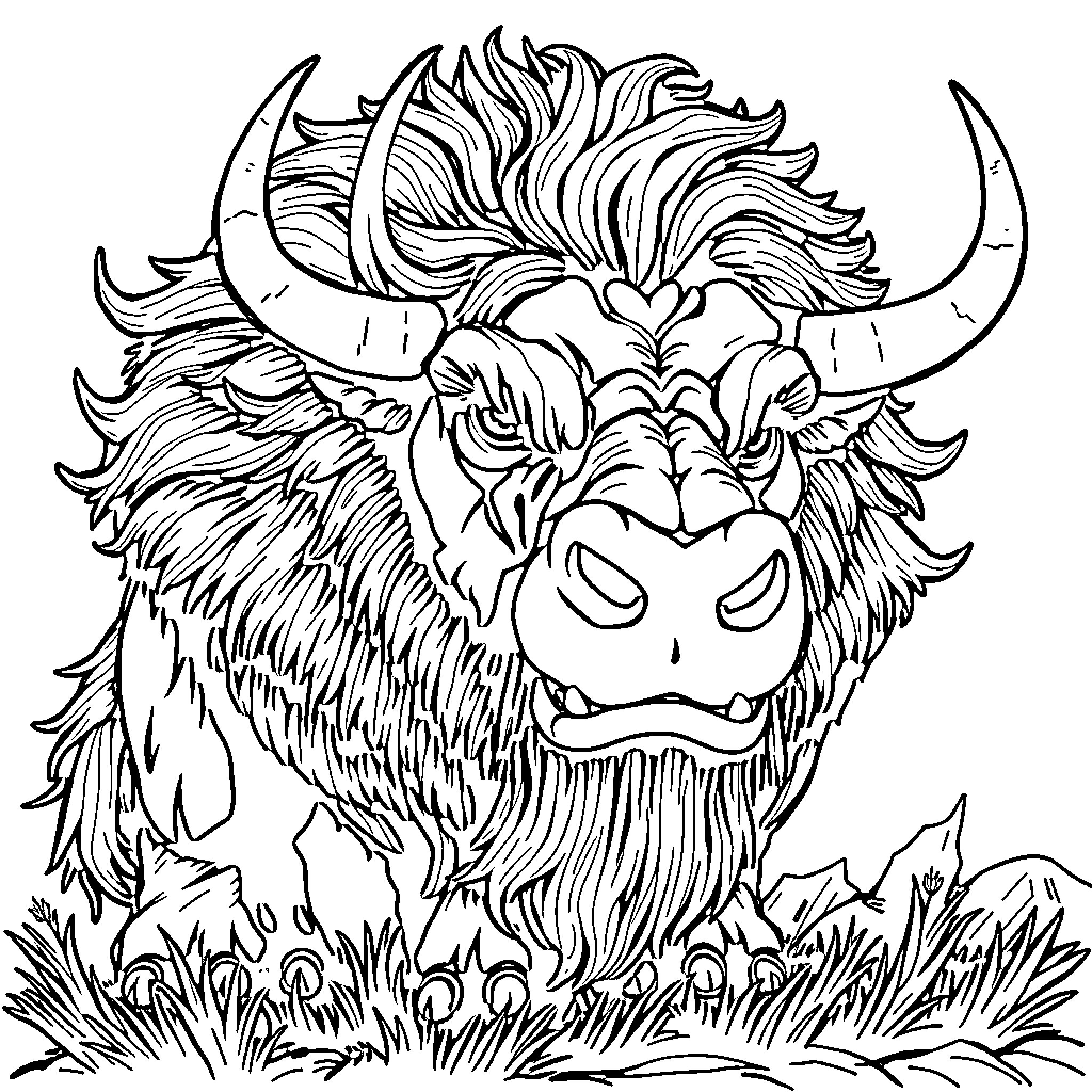 Bull with Majestic Horns in the Wilderness Coloring Page (free black-and-white line drawing printable PDF for all, from beginners to advanced learners, including children, teens, adults, and seniors)