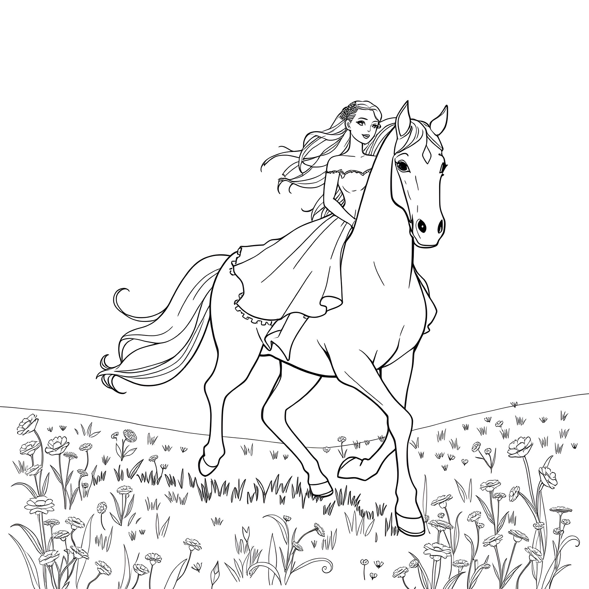 Princess Riding a Majestic Horse in a Floral Field Coloring Page (free black-and-white line drawing printable PDF for all, from beginners to advanced learners, including children, teens, adults, and seniors)