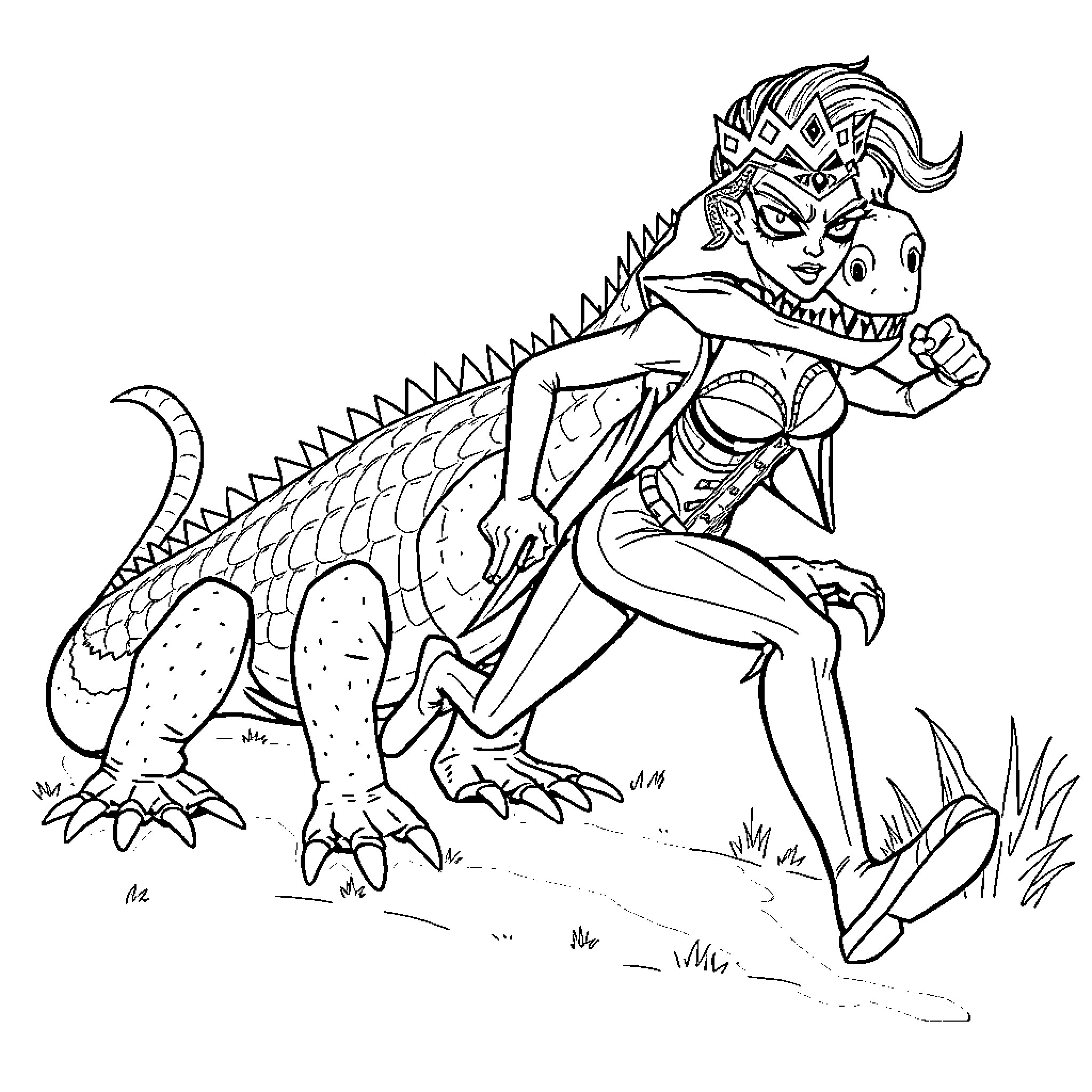Killer Queen riding a fearsome dinosaur Coloring Page (free black-and-white line drawing printable PDF for all, from beginners to advanced learners, including children, teens, adults, and seniors)
