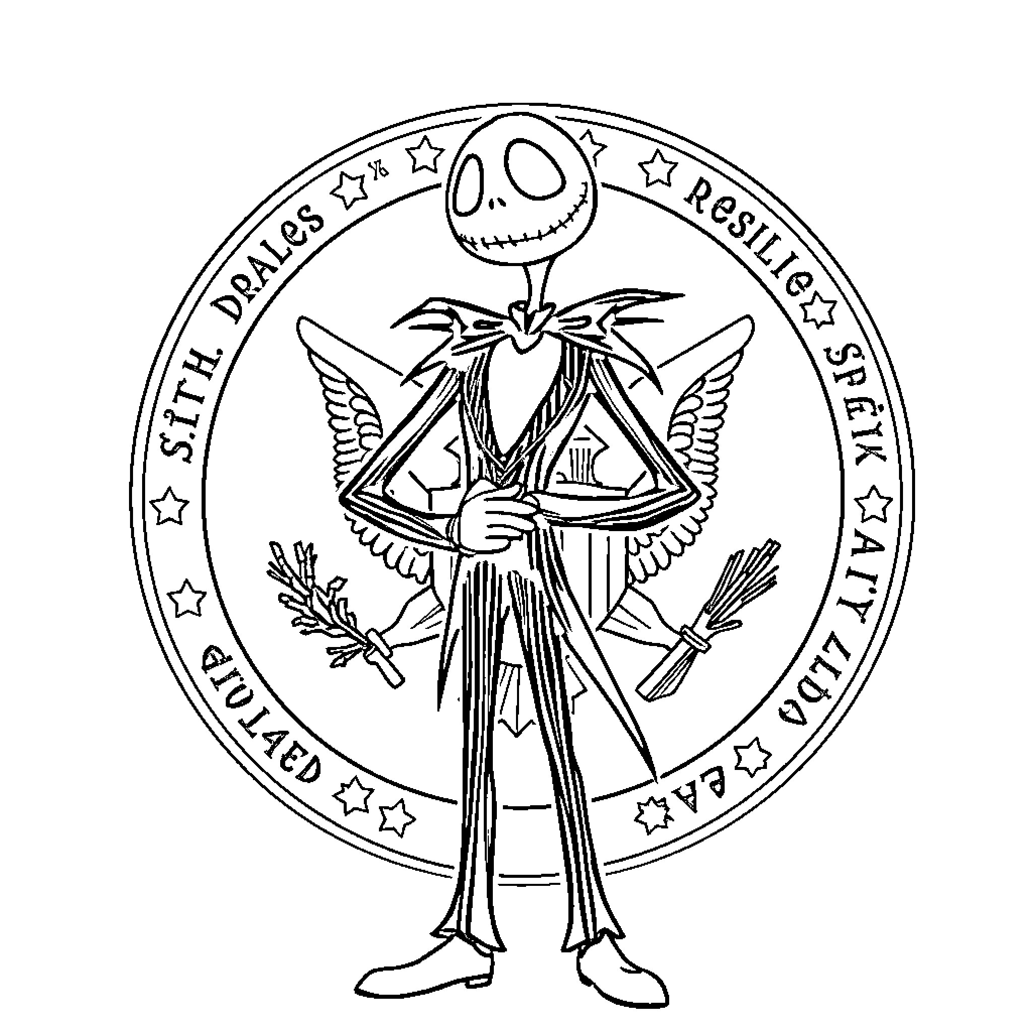 Jack Skeleton in a Seal of Authoritative Character Coloring Page (free black-and-white line drawing printable PDF for all, from beginners to advanced learners, including children, teens, adults, and seniors)