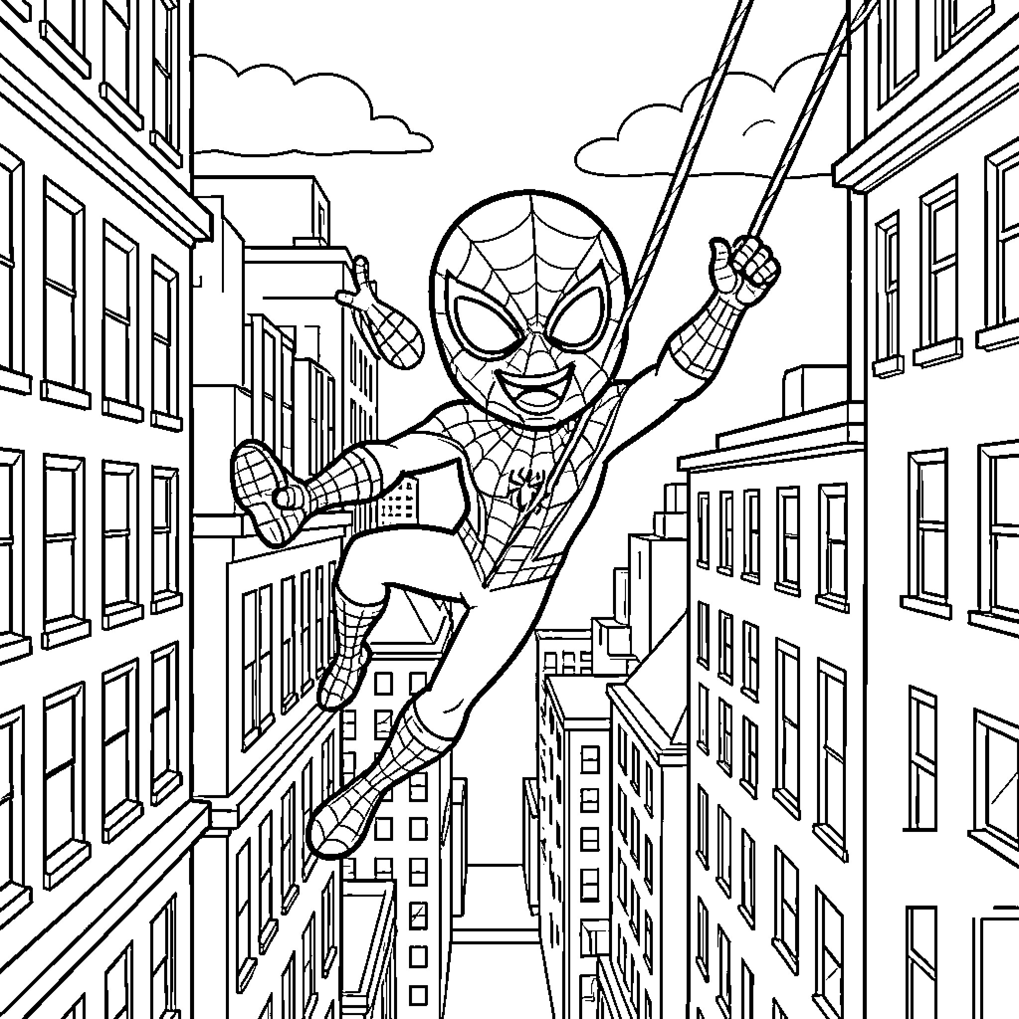 Spiderman swinging through the city Coloring Page (free black-and-white line drawing printable PDF for all, from beginners to advanced learners, including children, teens, adults, and seniors)