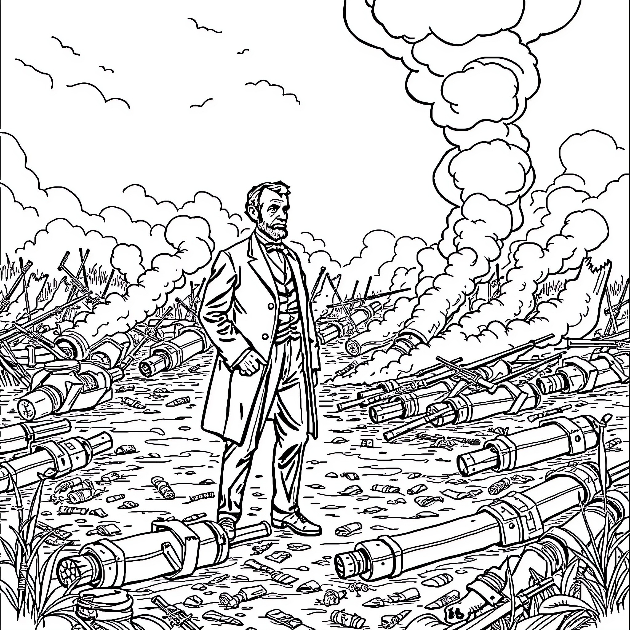 Abraham Lincoln standing amidst the aftermath of war Coloring Page (free black-and-white line drawing printable PDF for all, from beginners to advanced learners, including children, teens, adults, and seniors)