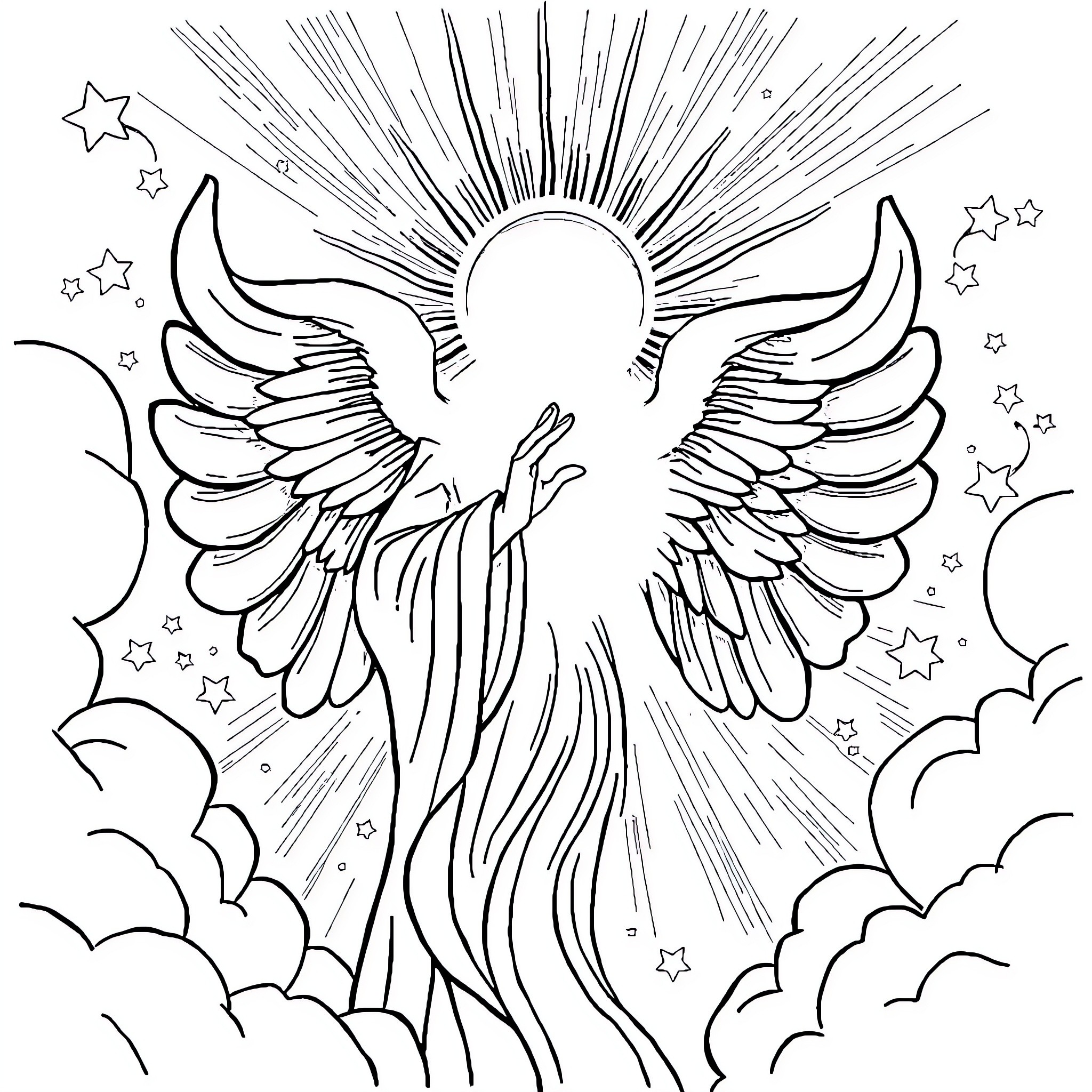 Holy Spirit - Winged angelic figure in radiant celestial scene Coloring Page (free black-and-white line drawing printable PDF for all, from beginners to advanced learners, including children, teens, adults, and seniors)