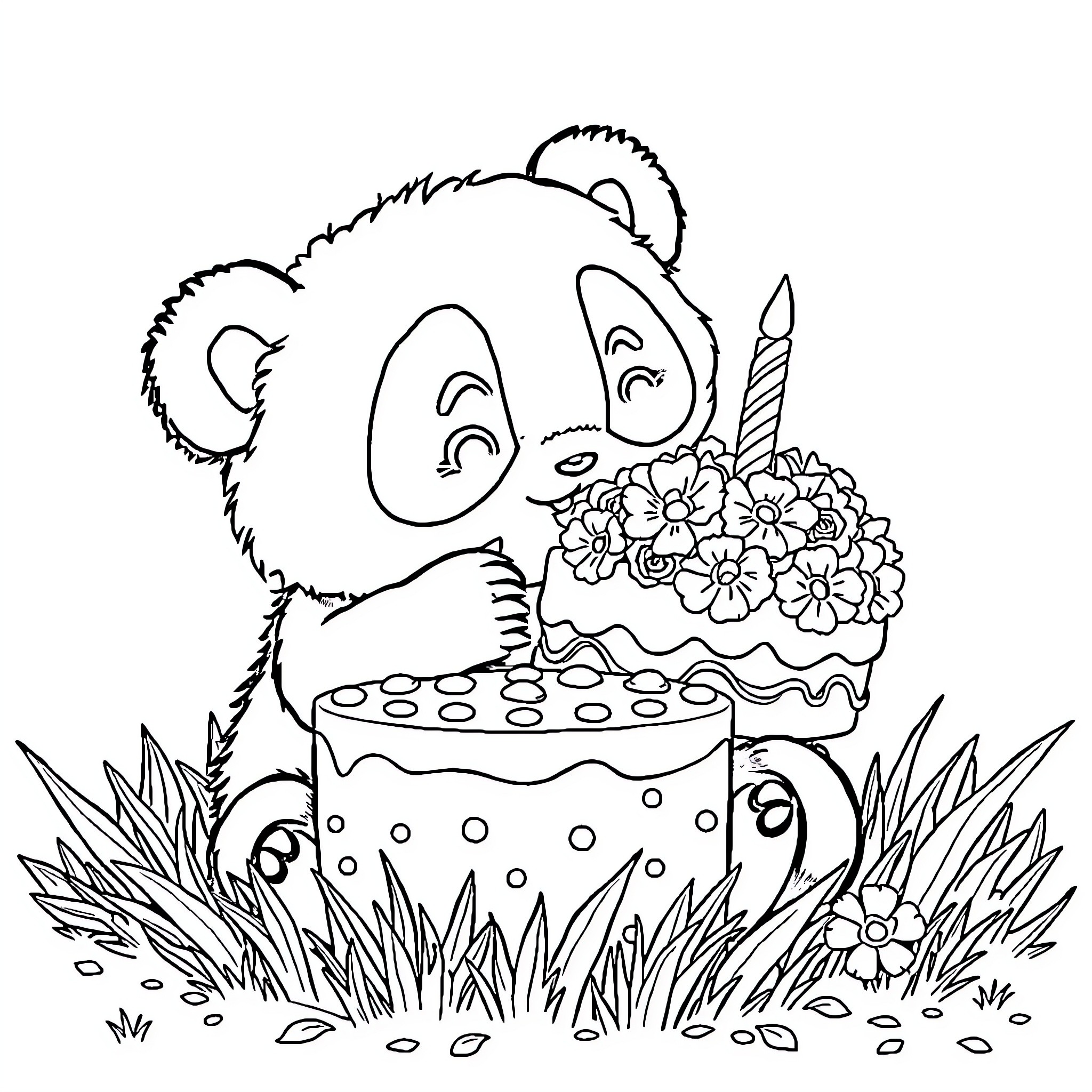 Panda celebrating with cake and flowers Coloring Page (free black-and-white line drawing printable PDF for all, from beginners to advanced learners, including children, teens, adults, and seniors)