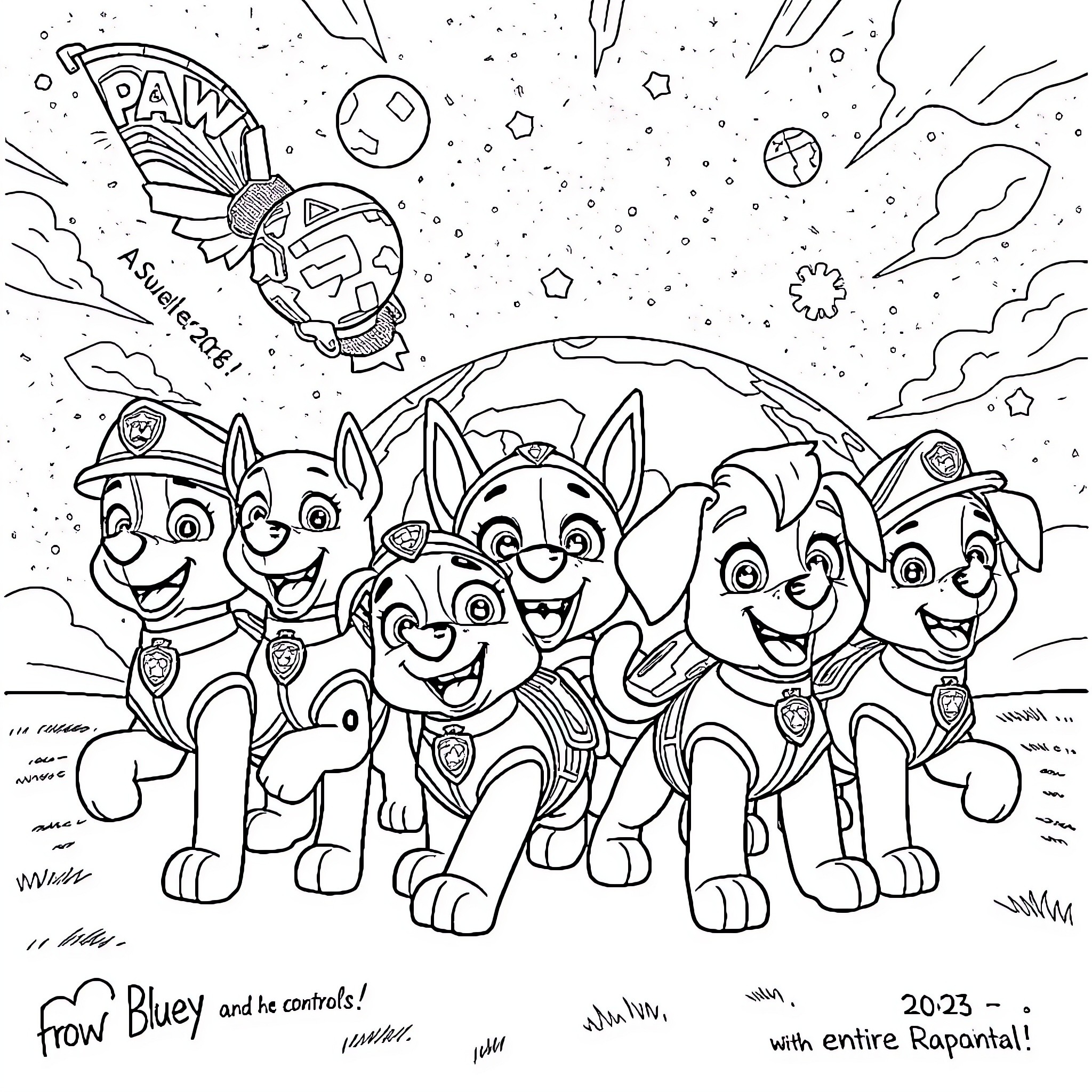 Paw Patrol characters in space adventure Coloring Page (free black-and-white line drawing printable PDF for all, from beginners to advanced learners, including children, teens, adults, and seniors)